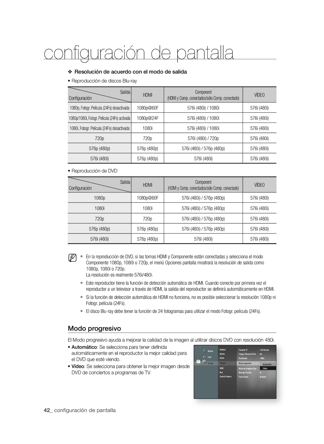 Samsung BD-P1580/XEC manual Resolución de acuerdo con el modo de salida, Automático Se selecciona para tener defi nida 