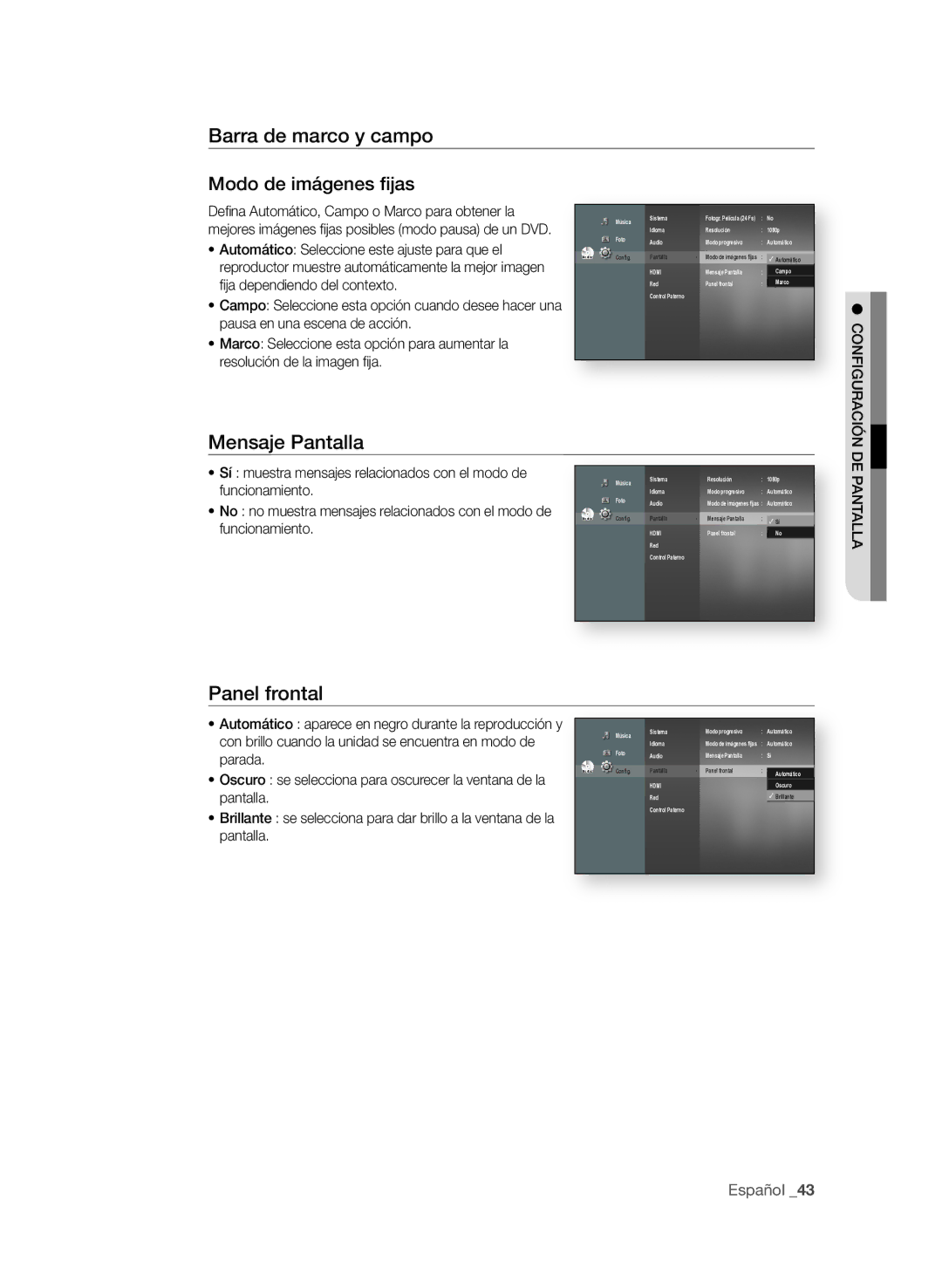 Samsung BD-P1580/XEC manual Barra de marco y campo Modo de imágenes fijas, Mensaje Pantalla, Panel frontal 