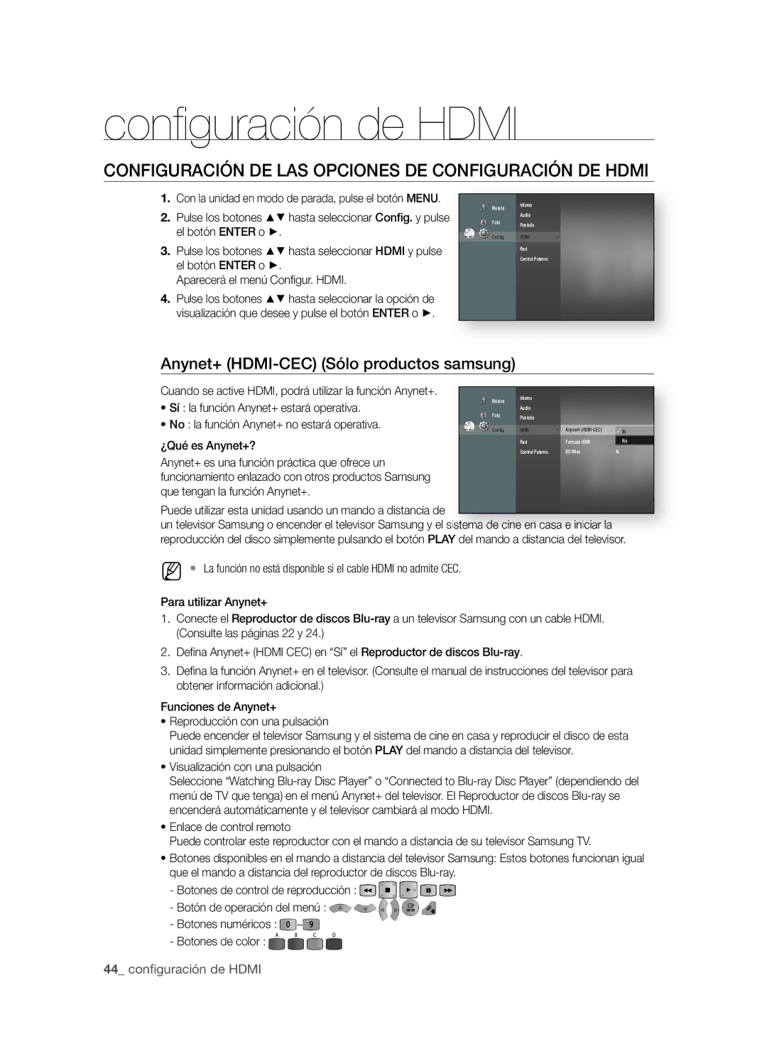 Samsung BD-P1580/XEC manual Conﬁ guración de Hdmi, COnfiGUrAciÓn de LAS OPciOneS de cOnfiGUrAciÓn de HdMi 