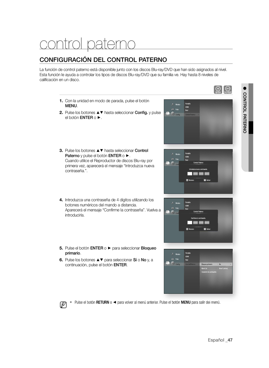 Samsung BD-P1580/XEC manual Control paterno, COnfiGUrAciÓn deL cOntrOL PAternO, COntrOL PAternO, Primario 