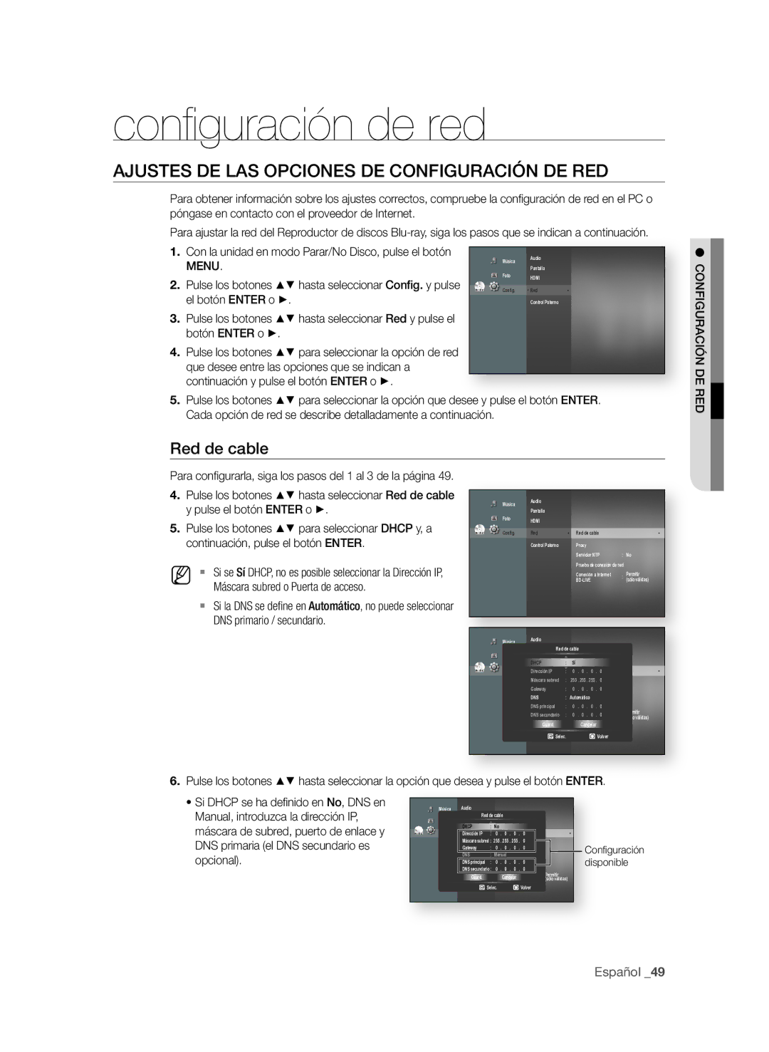 Samsung BD-P1580/XEC manual Conﬁ guración de red, AjUSteS de LAS OPciOneS de cOnfiGUrAciÓn de red, Red de cable 