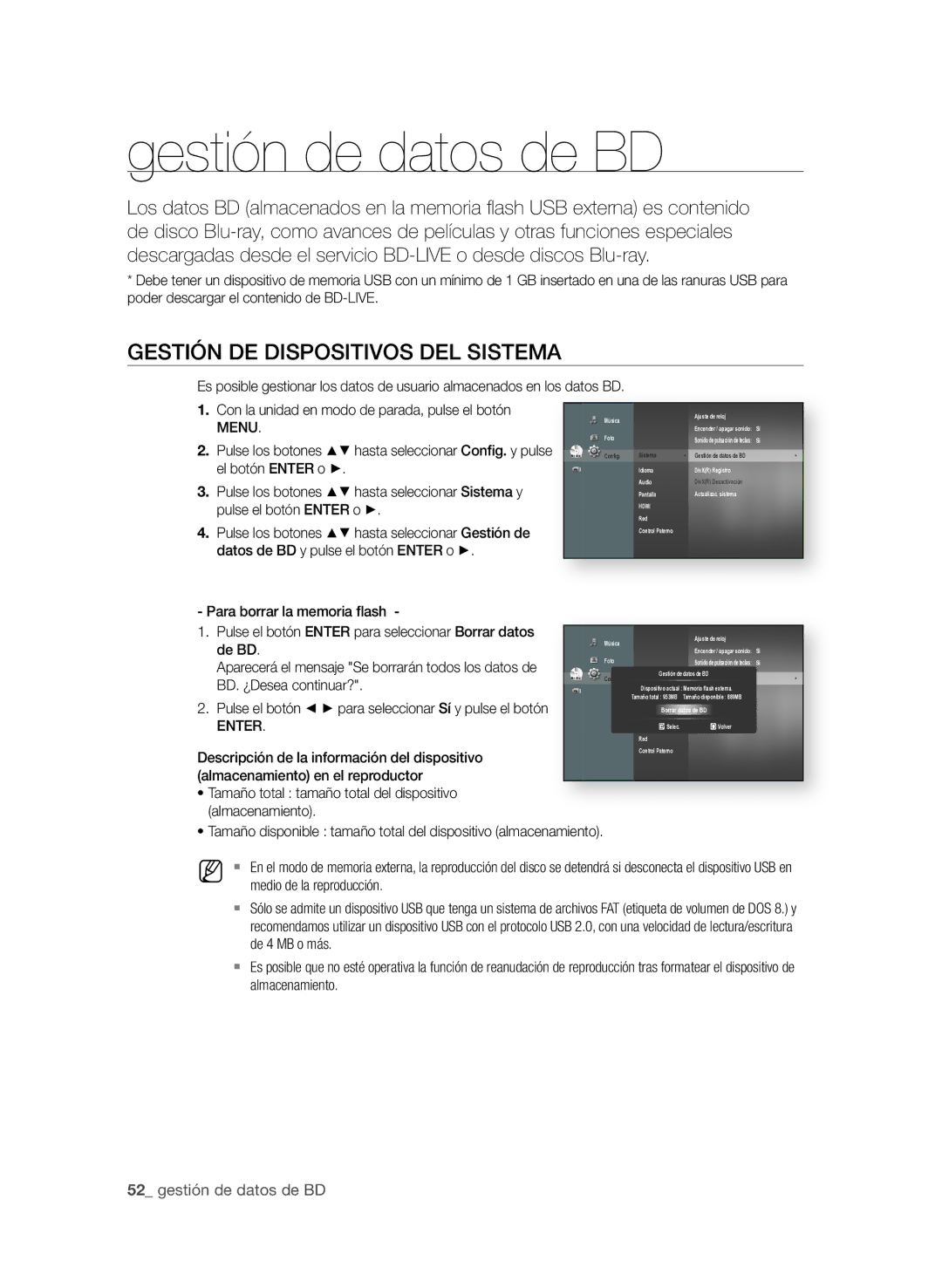 Samsung BD-P1580/XEC manual Gestión de datos de BD, GeStiÓn de diSPOSitivOS deL SiSteMA 