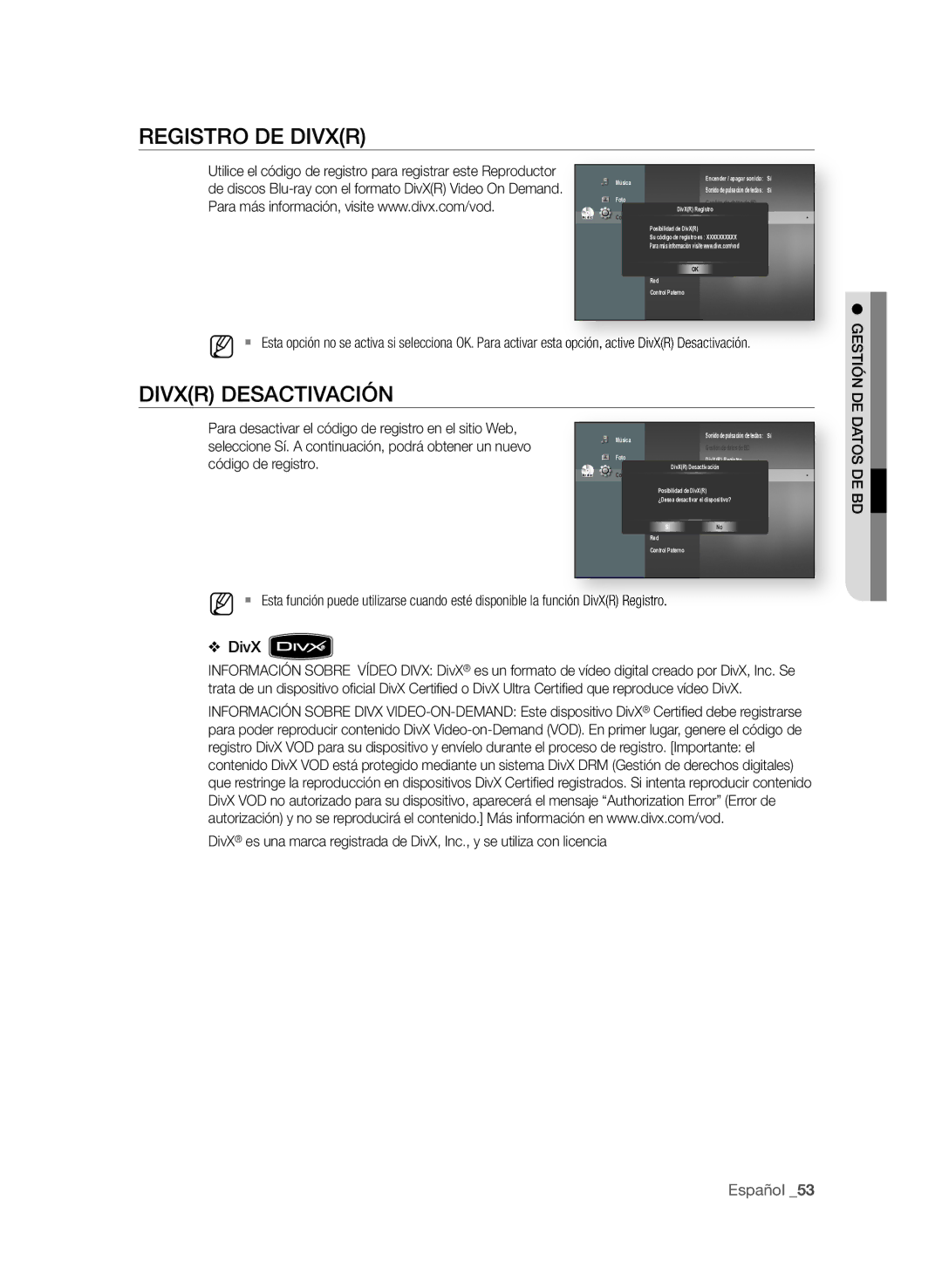 Samsung BD-P1580/XEC manual ReGiStrO de divXr, DivXr deSActivAciÓn 