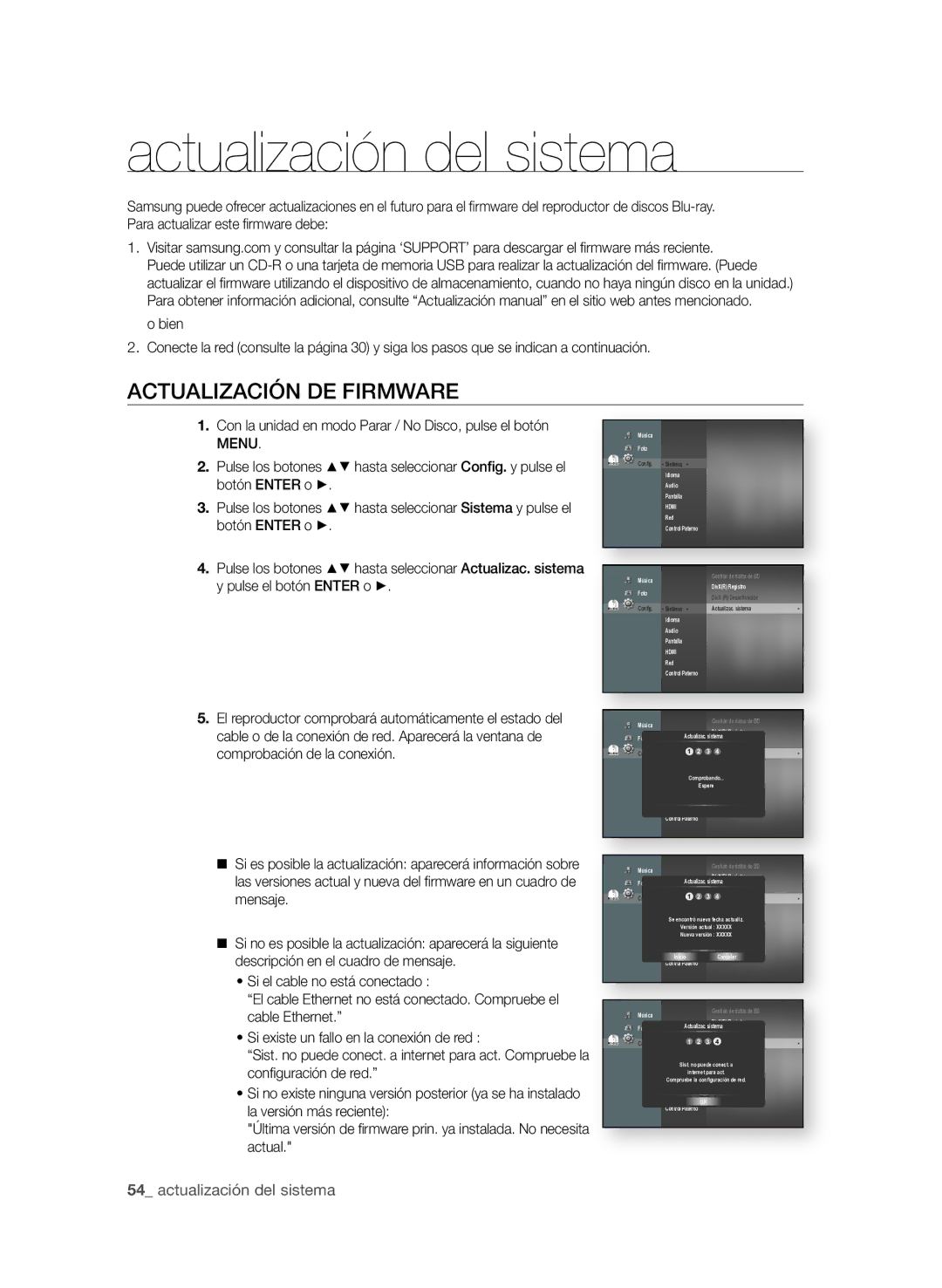 Samsung BD-P1580/XEC manual Actualización del sistema, ActUALizAciÓn de firMWAre 