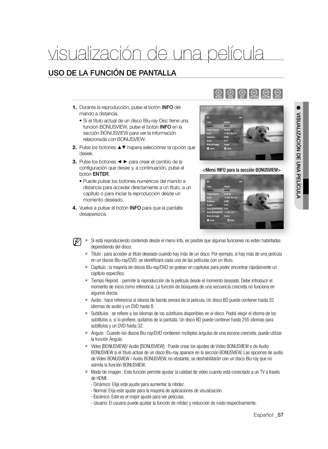 Samsung BD-P1580/XEC manual Visualización de una película, USO de LA fUnciÓn de PAntALLA 