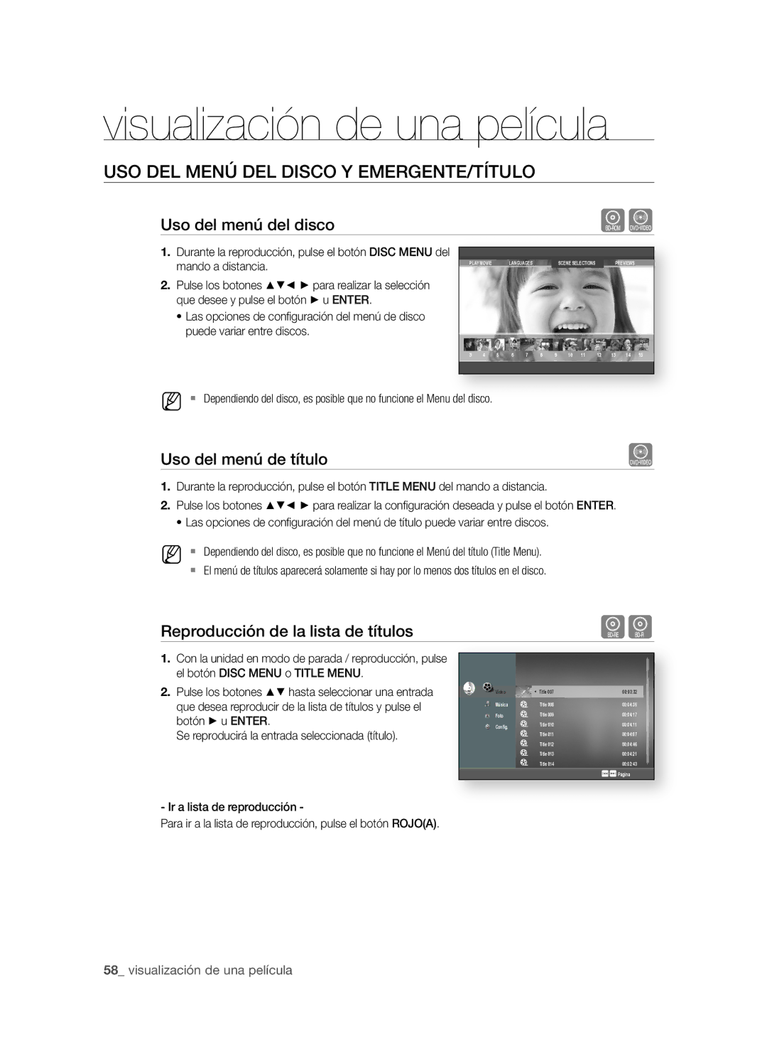 Samsung BD-P1580/XEC manual USO deL Menú deL diScO y eMerGente/tÍtULO, Uso del menú del disco, Uso del menú de título 