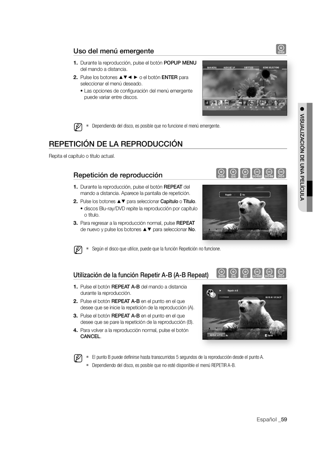 Samsung BD-P1580/XEC manual RePeticiÓn de LA rePrOdUcciÓn, Uso del menú emergente, Repetición de reproducción 