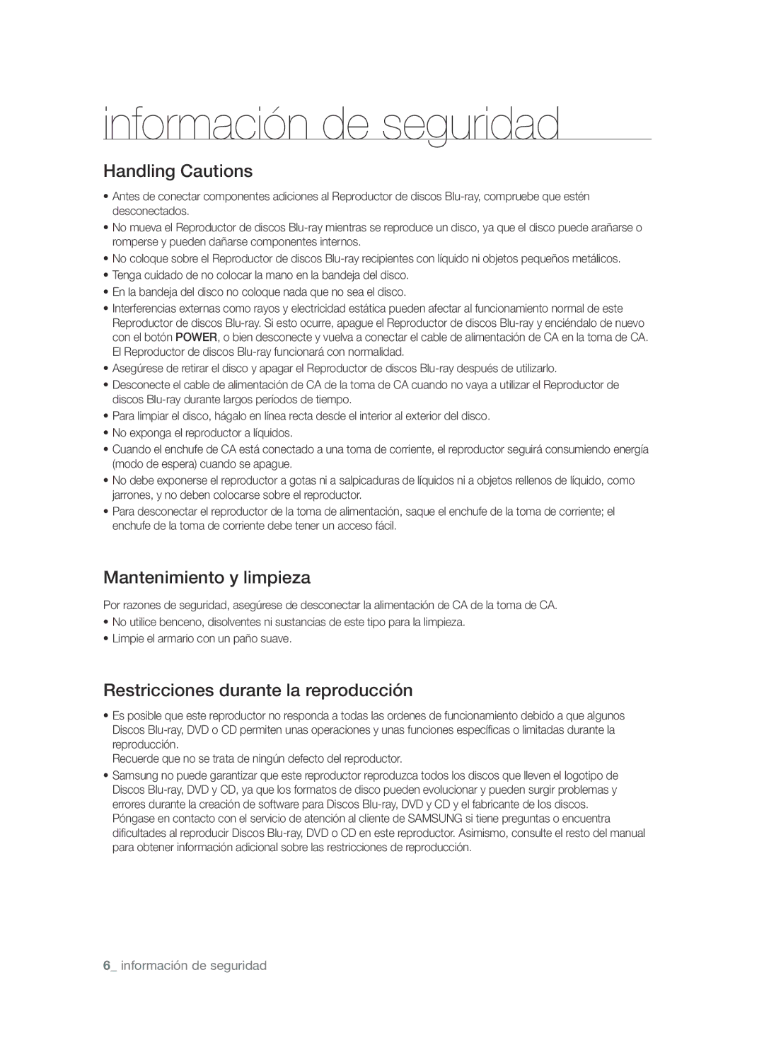 Samsung BD-P1580/XEC manual Handling Cautions, Mantenimiento y limpieza, Restricciones durante la reproducción 