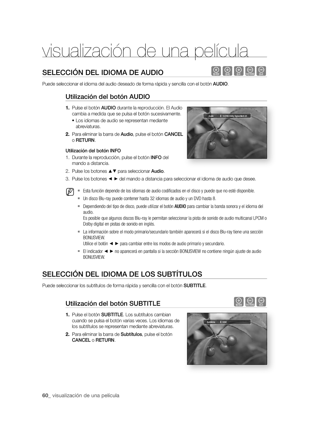 Samsung BD-P1580/XEC manual SeLecciÓn deL idiOMA de AUdiOhgfZD, SeLecciÓn deL idiOMA de LOS SUBtÍtULOS, Bonusview 