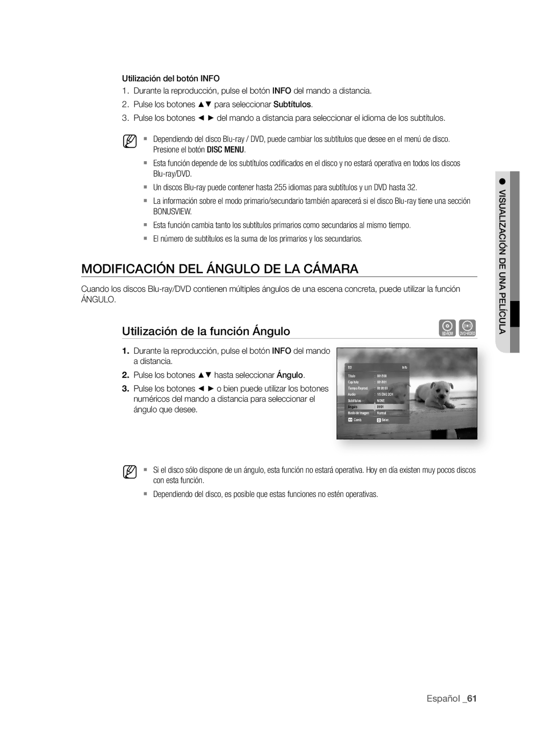 Samsung BD-P1580/XEC manual MOdificAciÓn deL ánGULO de LA cáMArA, Utilización de la función ángulo, Ángulo 