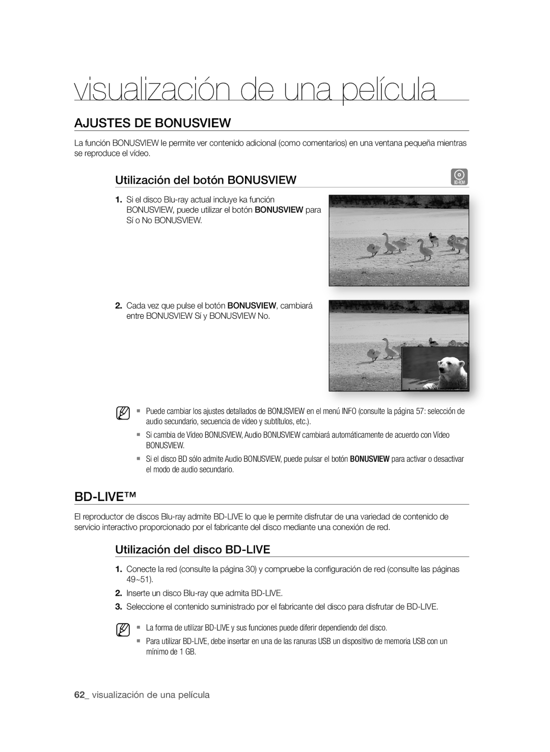 Samsung BD-P1580/XEC manual AjUSteS de BOnUSvieW, Utilización del botón BOnUSvieW, Utilización del disco Bd-Live 