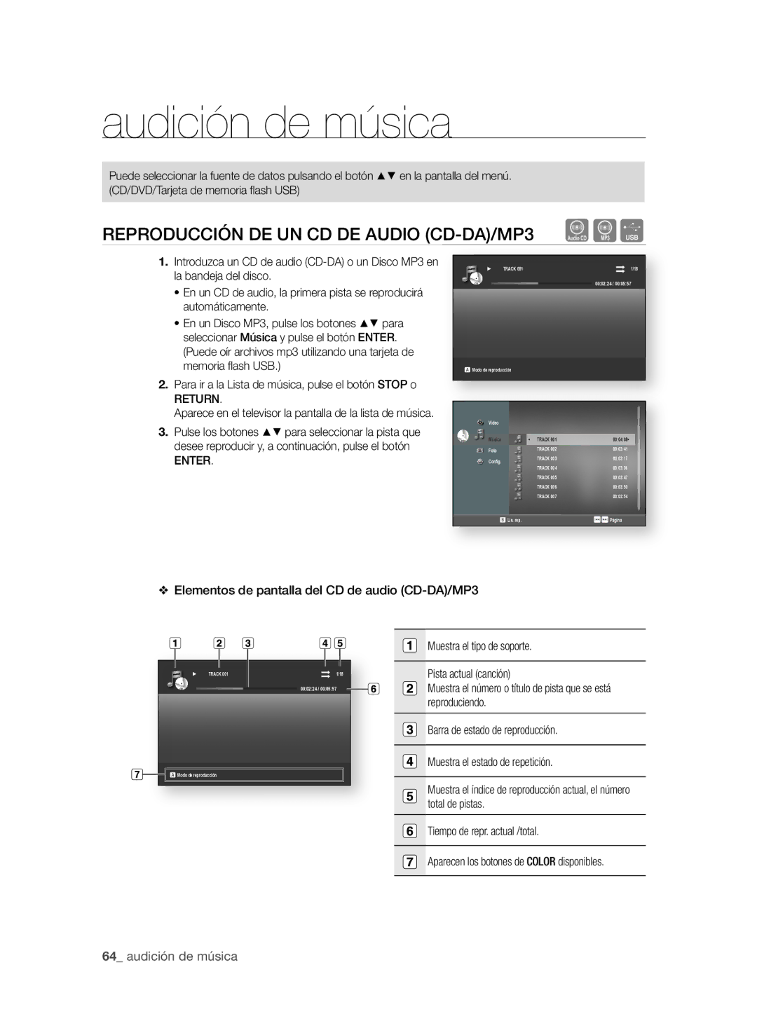 Samsung BD-P1580/XEC manual RePrOdUcciÓn de Un cd de AUdiO cd-dA/MP3, Elementos de pantalla del cd de audio cd-dA/MP3 