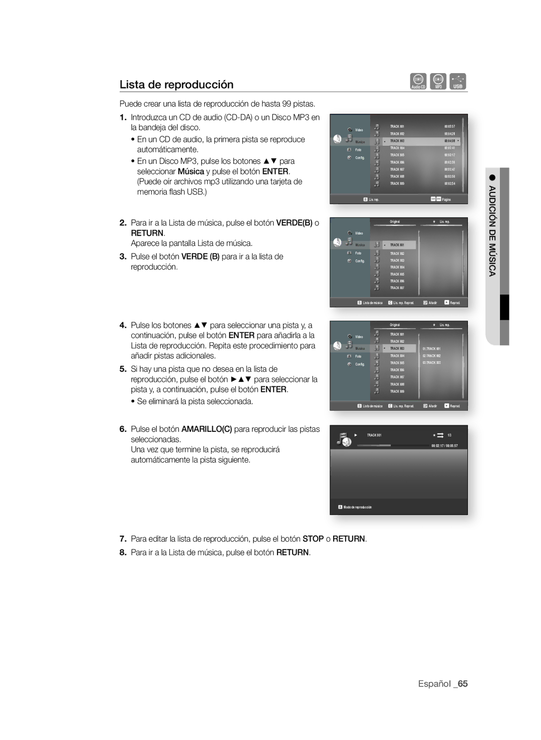 Samsung BD-P1580/XEC Lista de reproducción, AUdiciÓn de MúSicA, Puede crear una lista de reproducción de hasta 99 pistas 