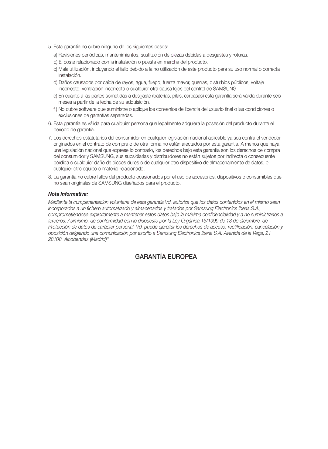 Samsung BD-P1580/XEC manual Garantía Europea 