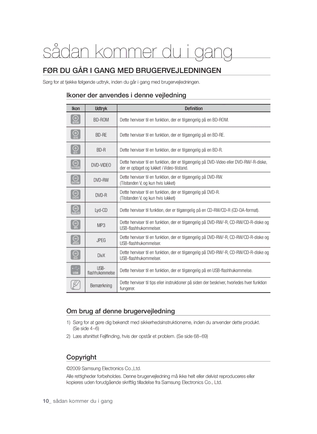 Samsung BD-P1580/XEE Sådan kommer du i gang, Før du går i gang med brugervejledningen, Om brug af denne brugervejledning 