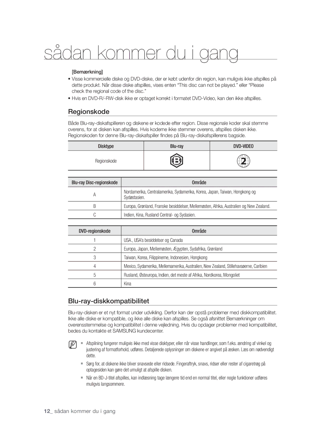 Samsung BD-P1580/XEE manual Regionskode, Blu-ray-diskkompatibilitet 