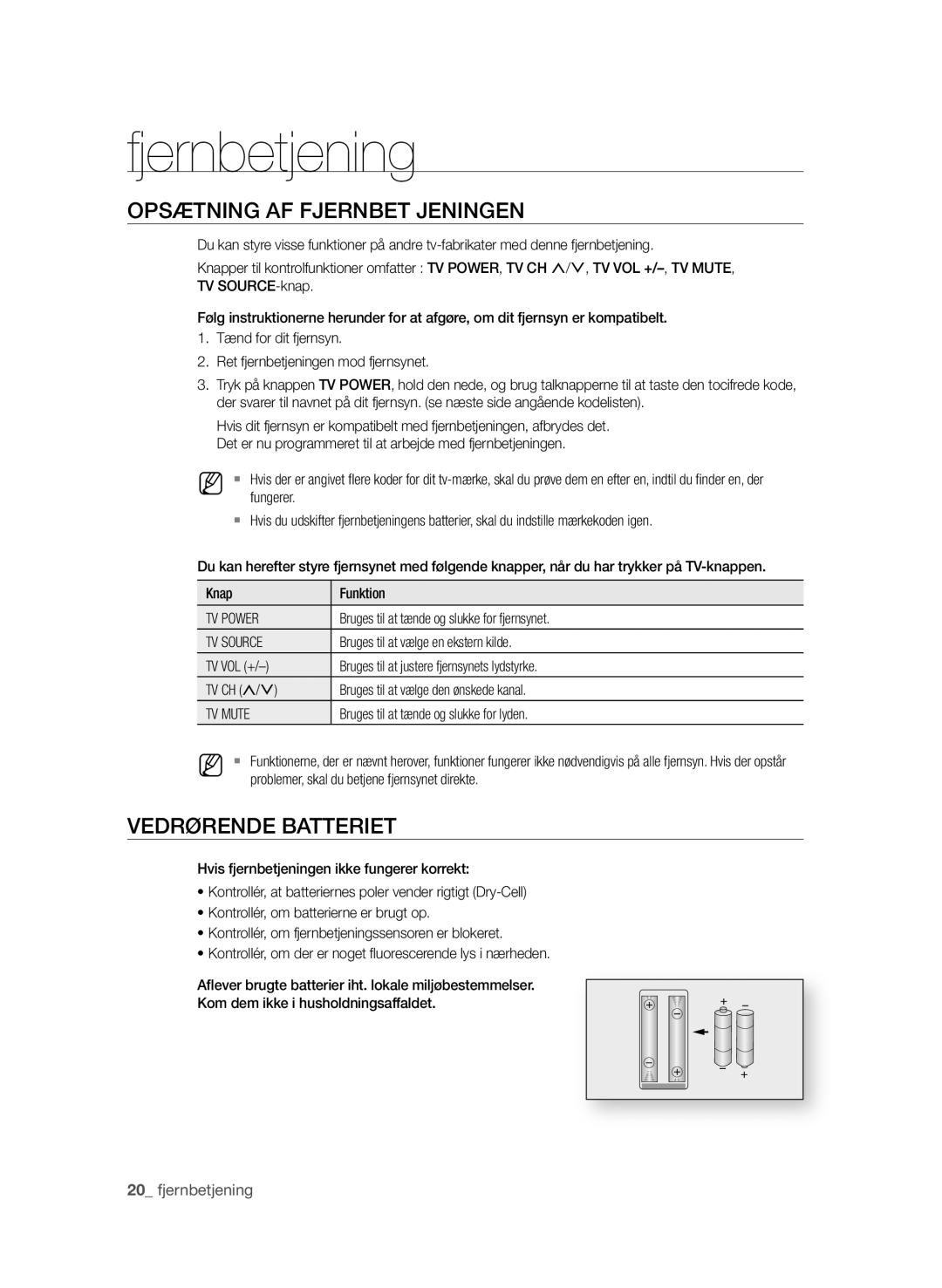 Samsung BD-P1580/XEE manual OPsÆTNING AF FjerNBeT jeNINGeN, VedrØreNde BATTerIeT, TV Power, TV Source, TV Mute 