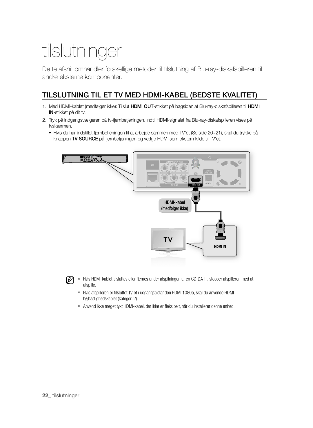 Samsung BD-P1580/XEE manual Tilslutninger, Tilslutning til et tv med HDMI-kabel Bedste Kvalitet, Afspille 