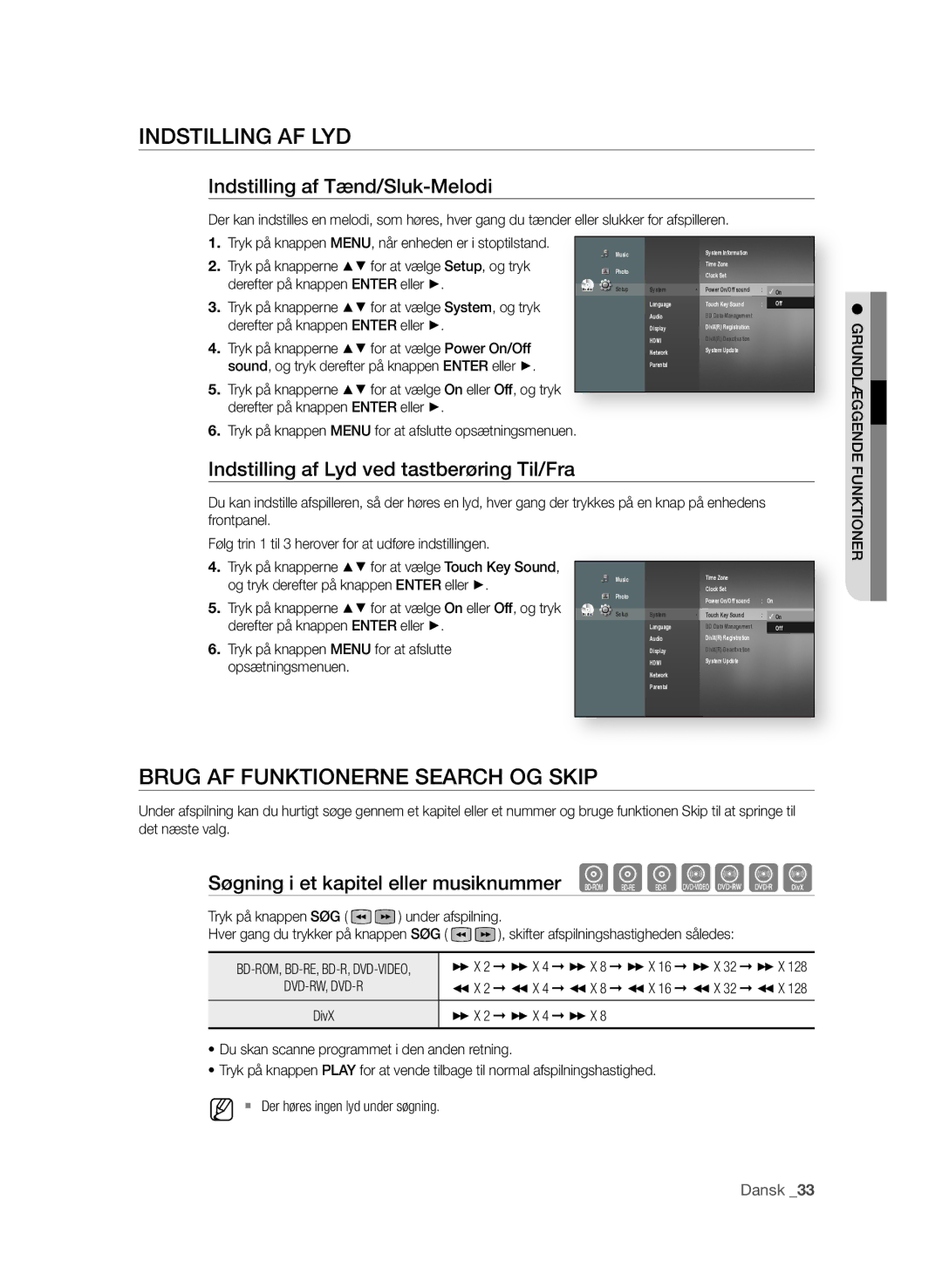 Samsung BD-P1580/XEE manual INdsTIllING AF lyd, BruG AF FuNKTIONerNe seArCh OG sKIP, Indstilling af Tænd/sluk-Melodi 