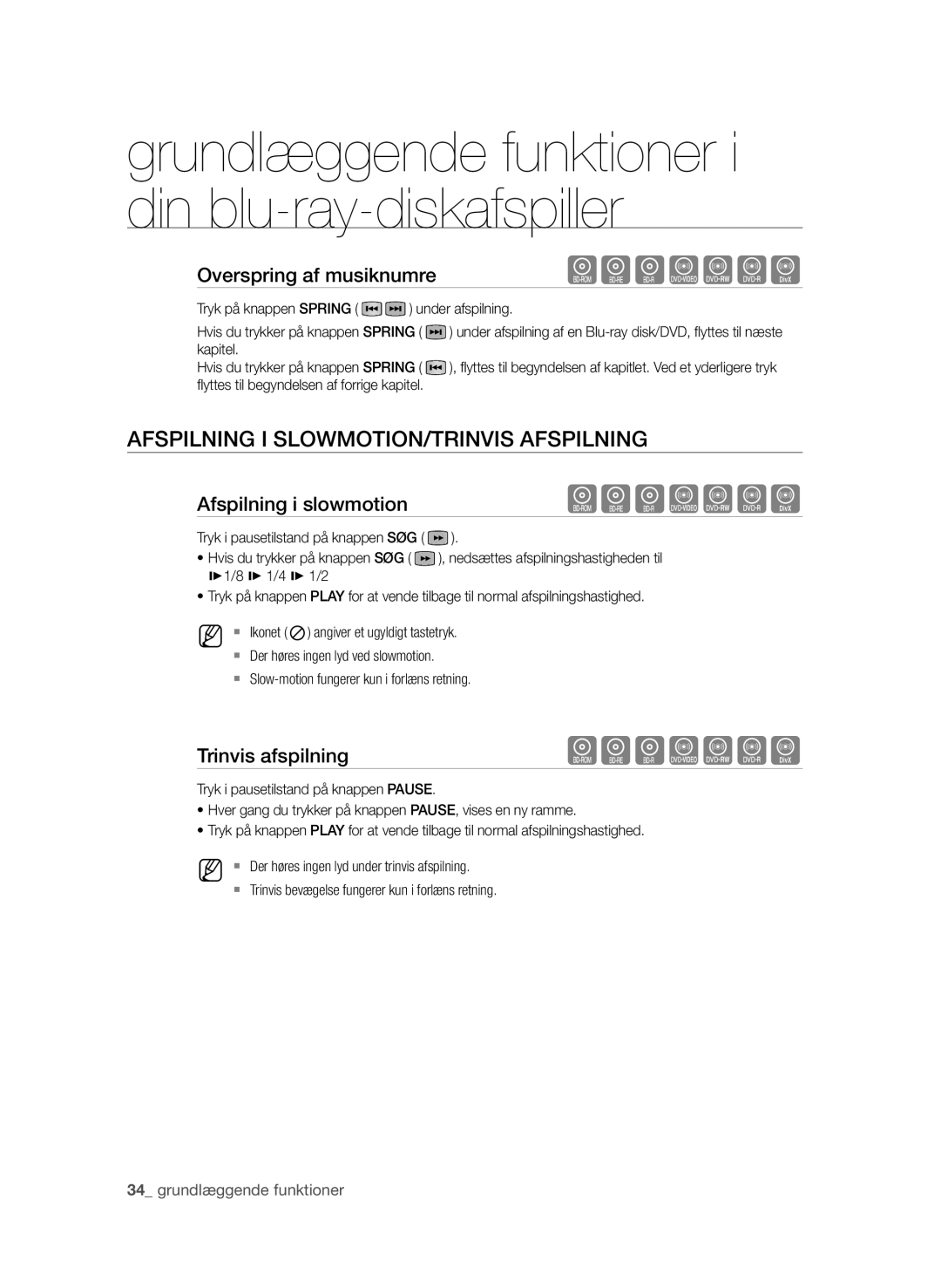 Samsung BD-P1580/XEE manual Afspilning i slowmotion/trinvis afspilning, Overspring af musiknumre, Trinvis afspilning 