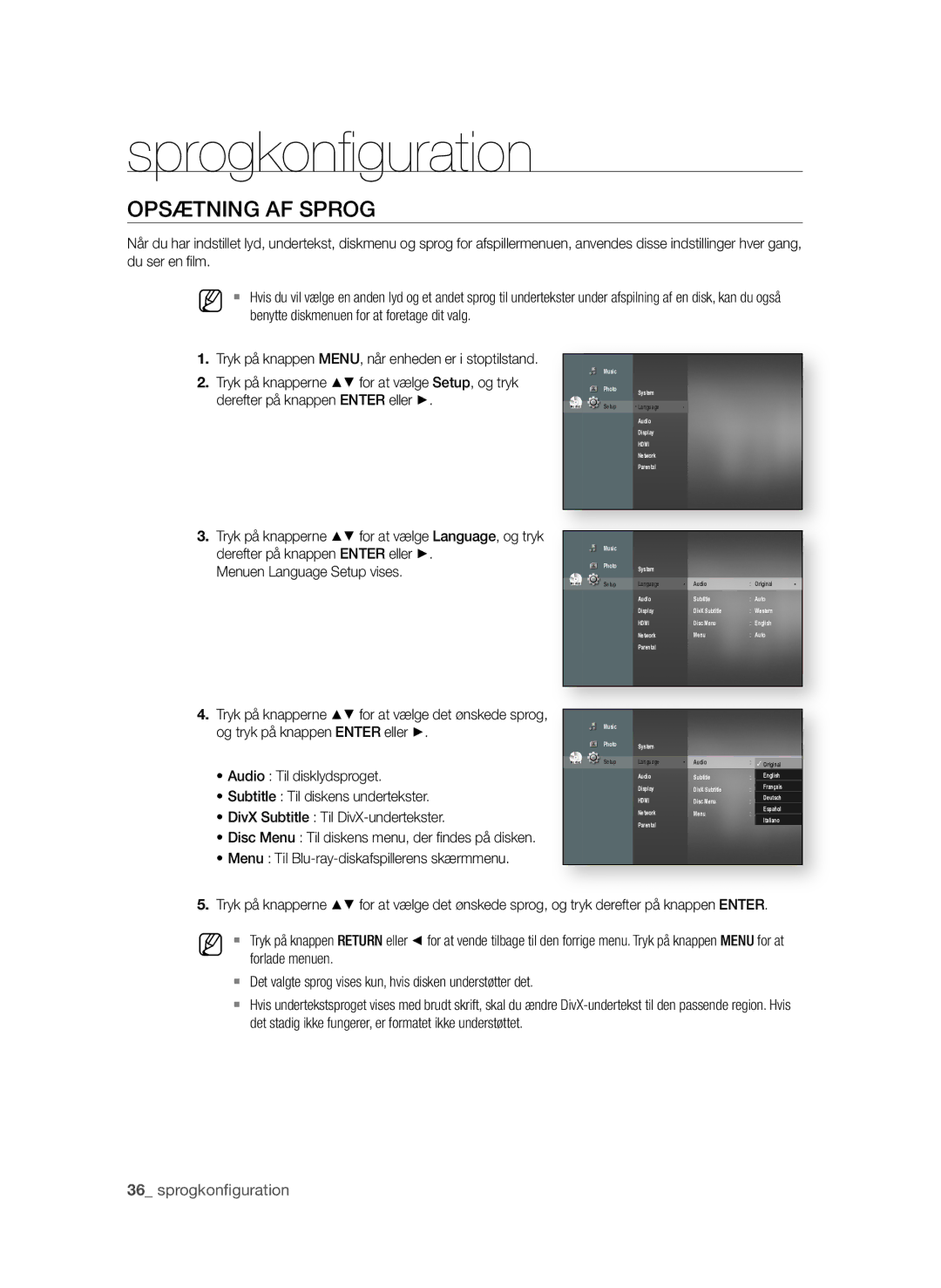 Samsung BD-P1580/XEE manual Sprogkonﬁ guration, OPsÆTNING AF sPrOG 