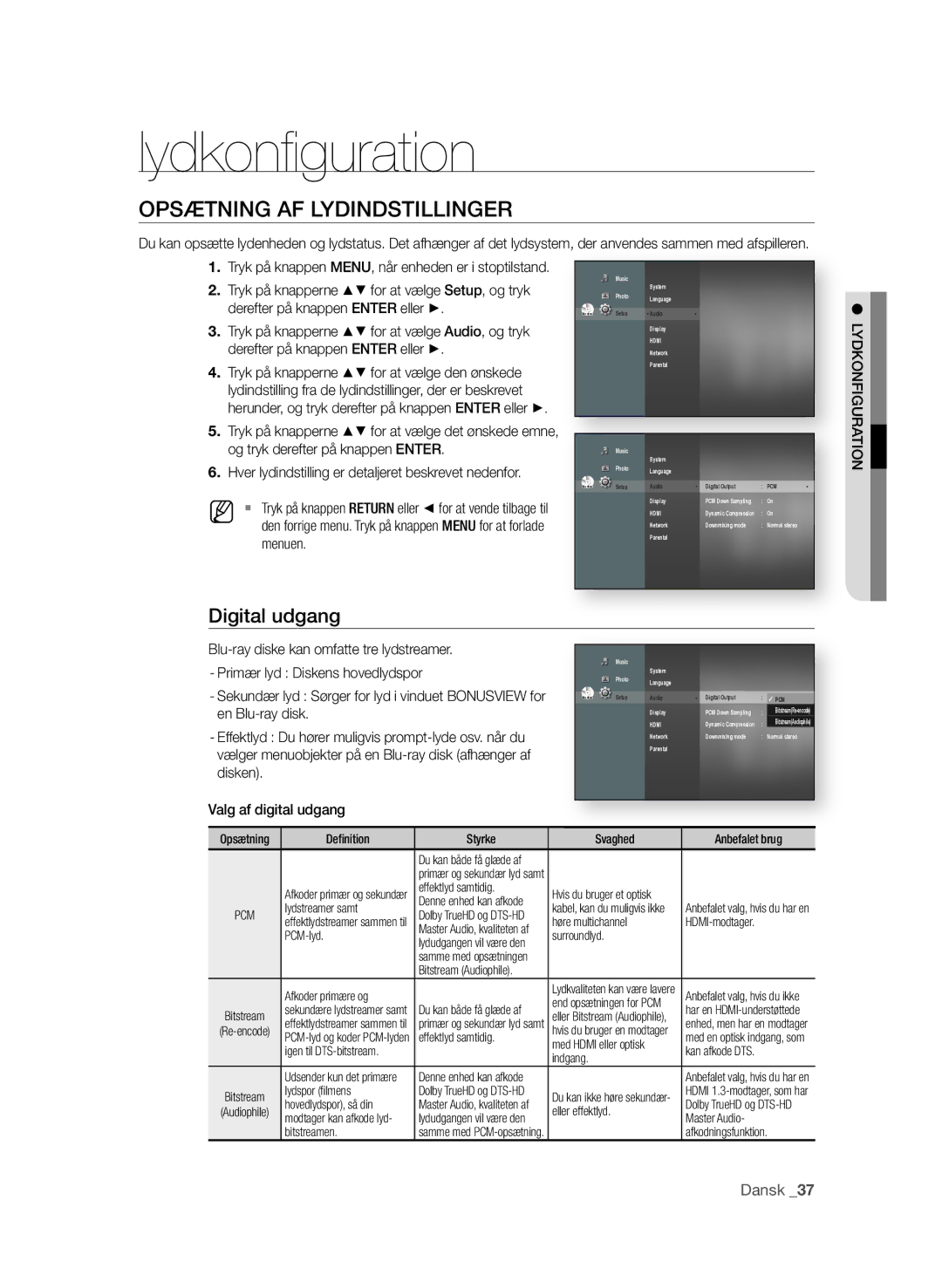 Samsung BD-P1580/XEE manual Lydkonﬁ guration, OPsÆTNING AF lydINdsTIllINGer, Digital udgang 