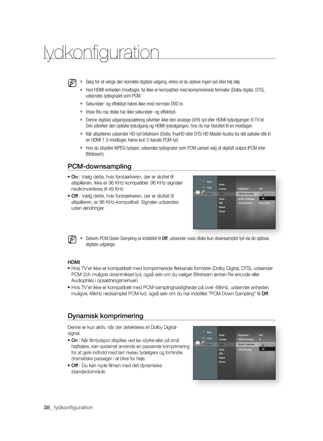 Samsung BD-P1580/XEE manual PCM-downsampling, Dynamisk komprimering, Signal 