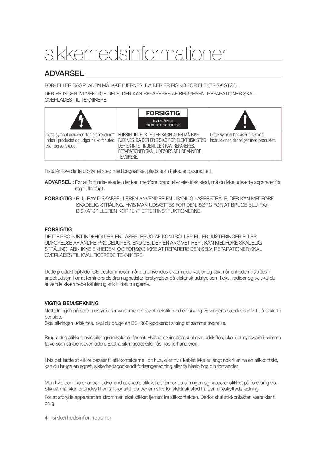 Samsung BD-P1580/XEE manual Sikkerhedsinformationer, Eller personskade, Teknikere, Forsigtig, Vigtig Bemærkning 