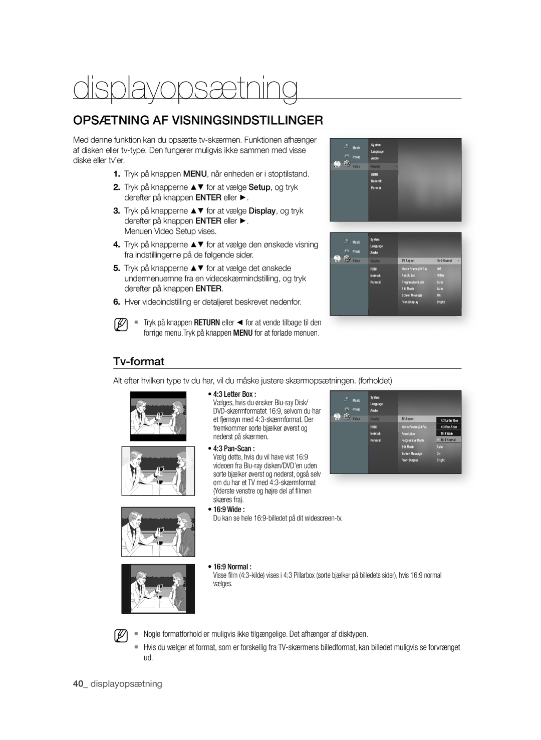 Samsung BD-P1580/XEE manual Displayopsætning, OPsÆTNING AF vIsNINGsINdsTIllINGer, Tv-format 