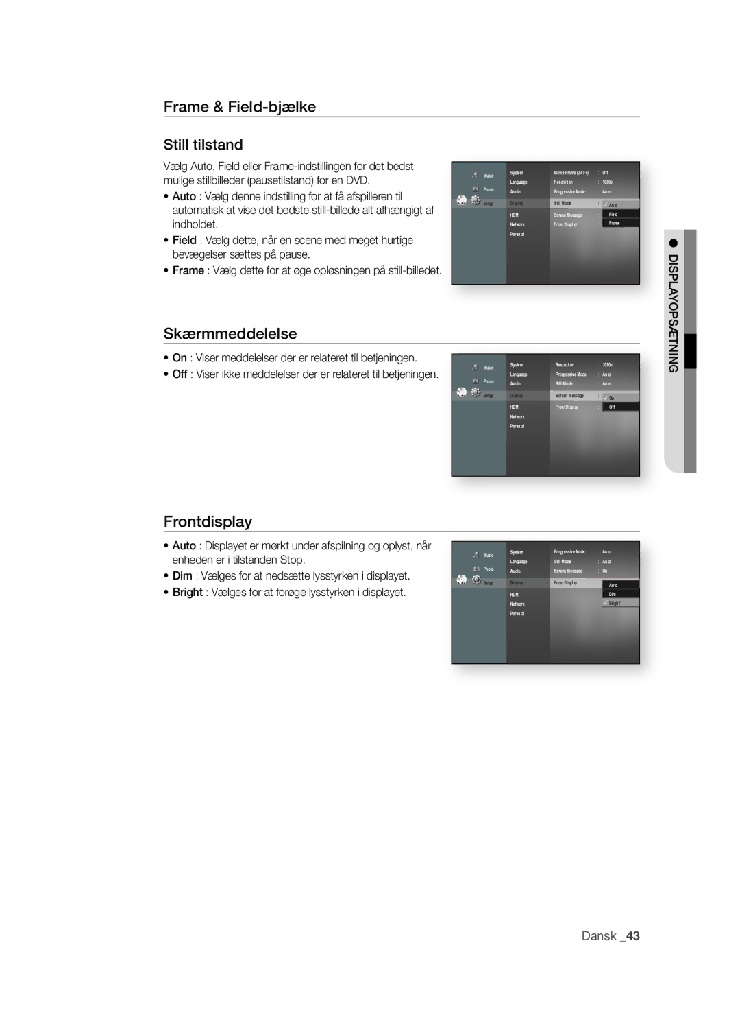 Samsung BD-P1580/XEE manual Frame & Field-bjælke still tilstand, Skærmmeddelelse, Frontdisplay 