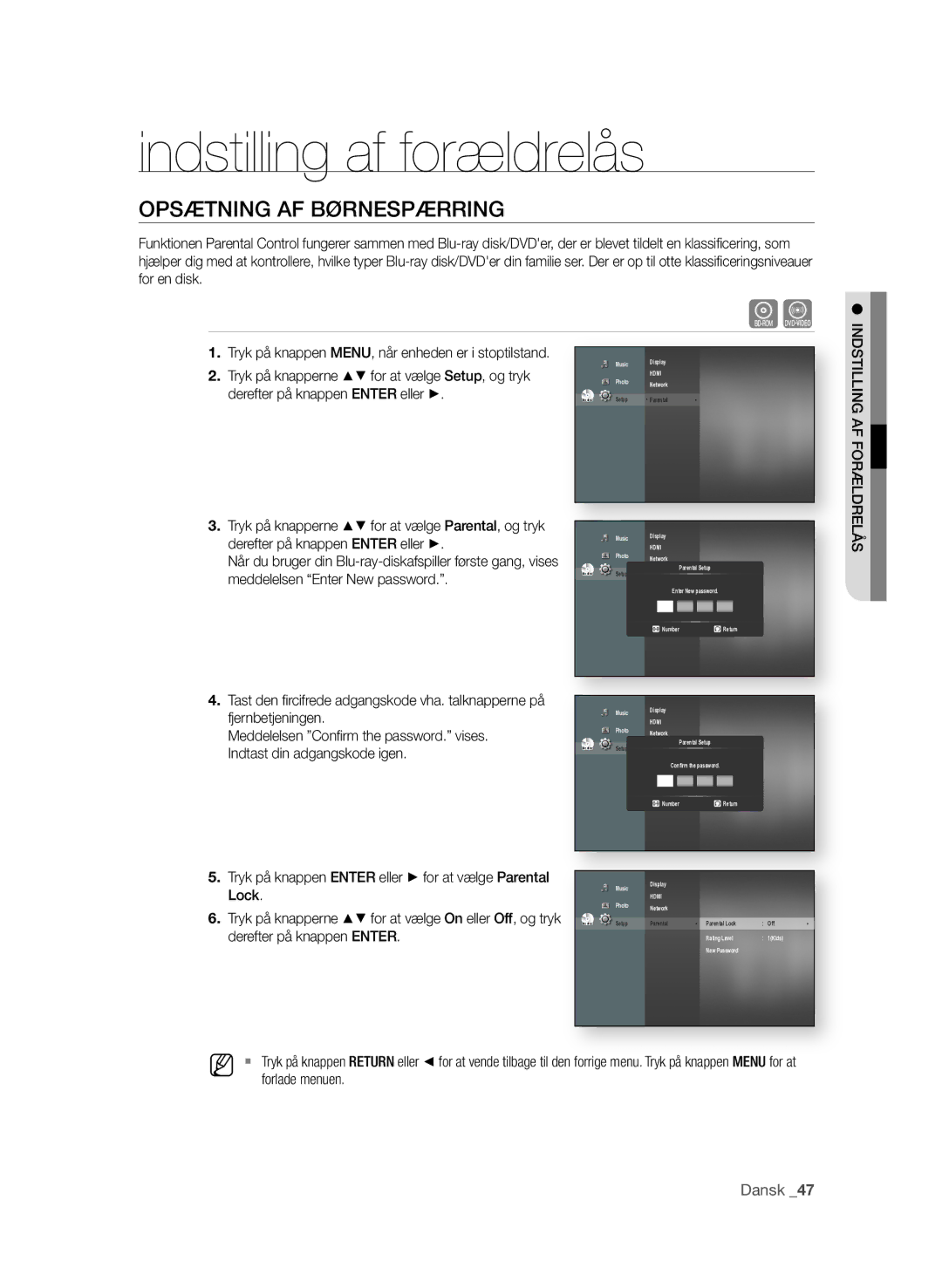 Samsung BD-P1580/XEE manual Indstilling af forældrelås, OPsÆTNING AF BØrNesPÆrrING, Lock 