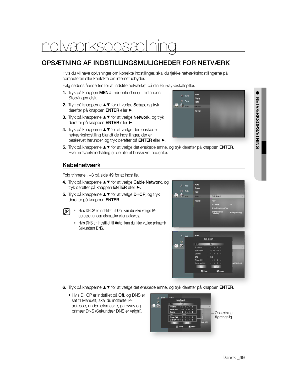 Samsung BD-P1580/XEE manual Netværksopsætning, OPsÆTNING AF INdsTIllINGsMulIGheder FOr NeTvÆrK, Kabelnetværk 