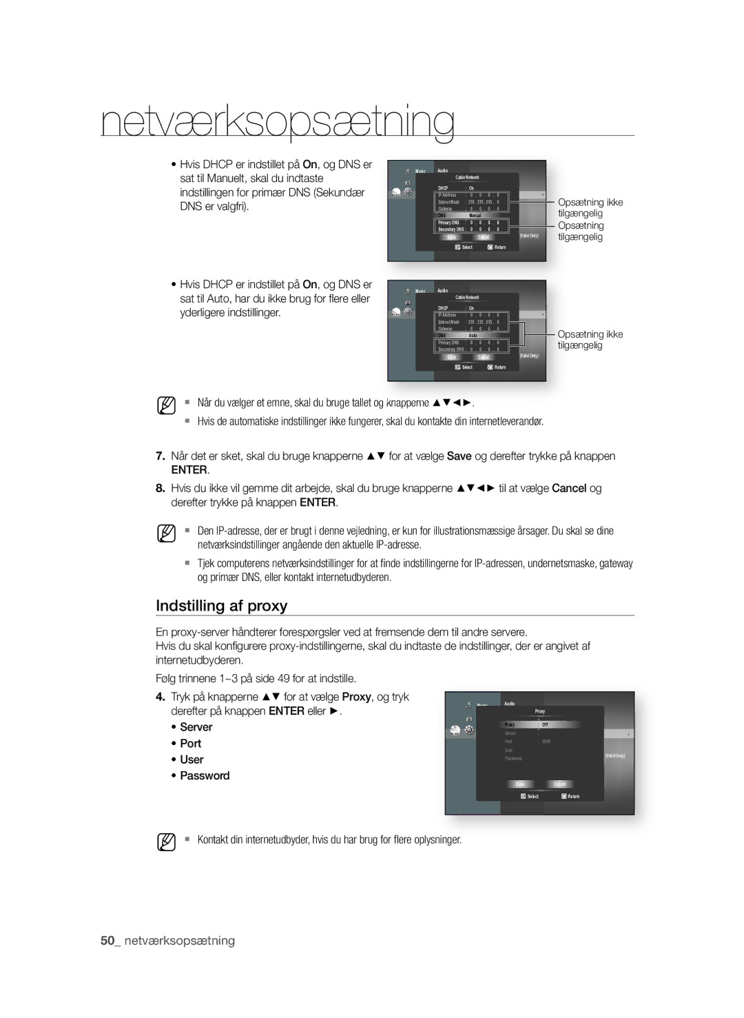 Samsung BD-P1580/XEE manual Indstilling af proxy 