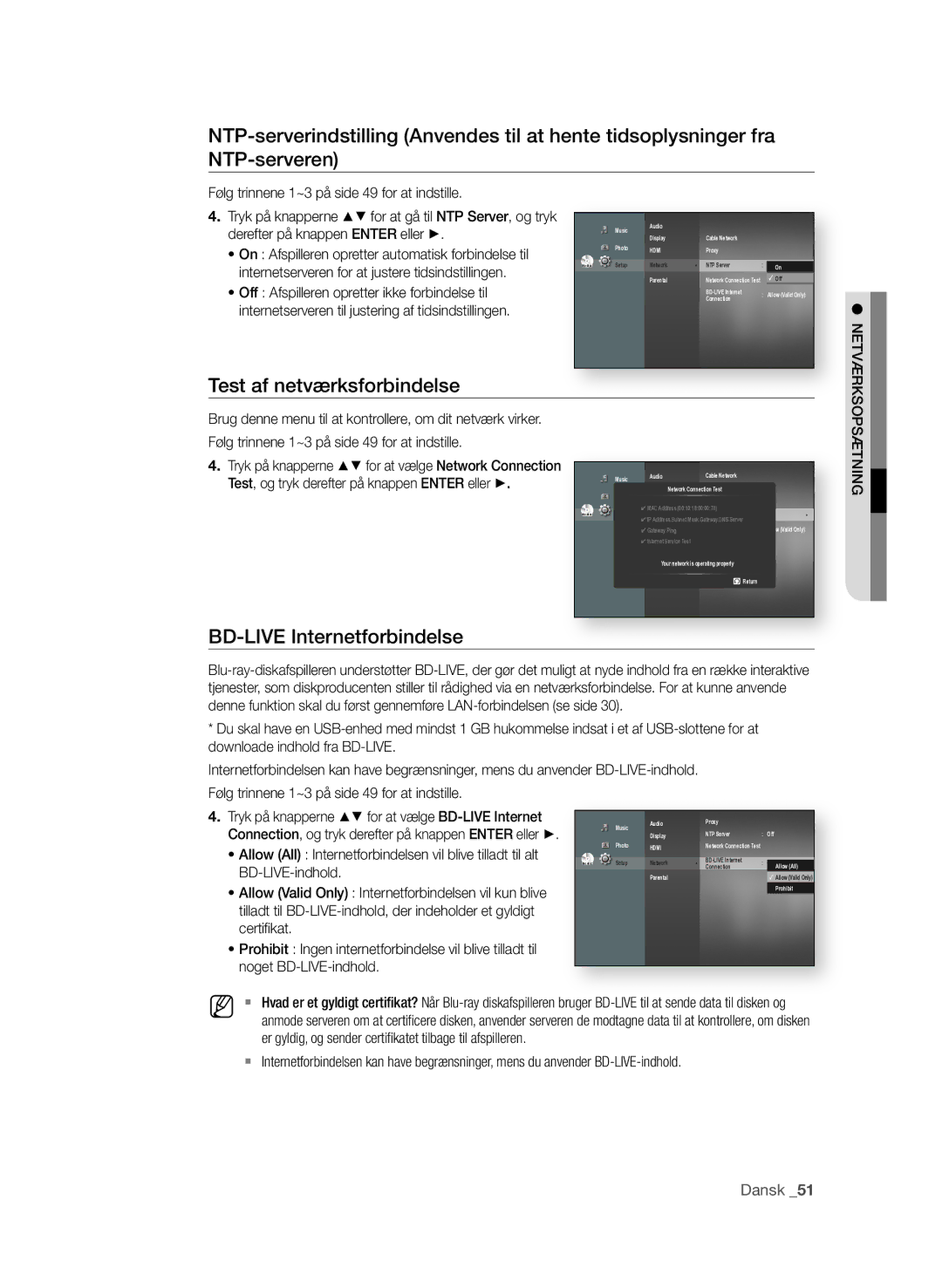 Samsung BD-P1580/XEE manual Test af netværksforbindelse, Bd-lIve Internetforbindelse, BD-LIVE-indhold 