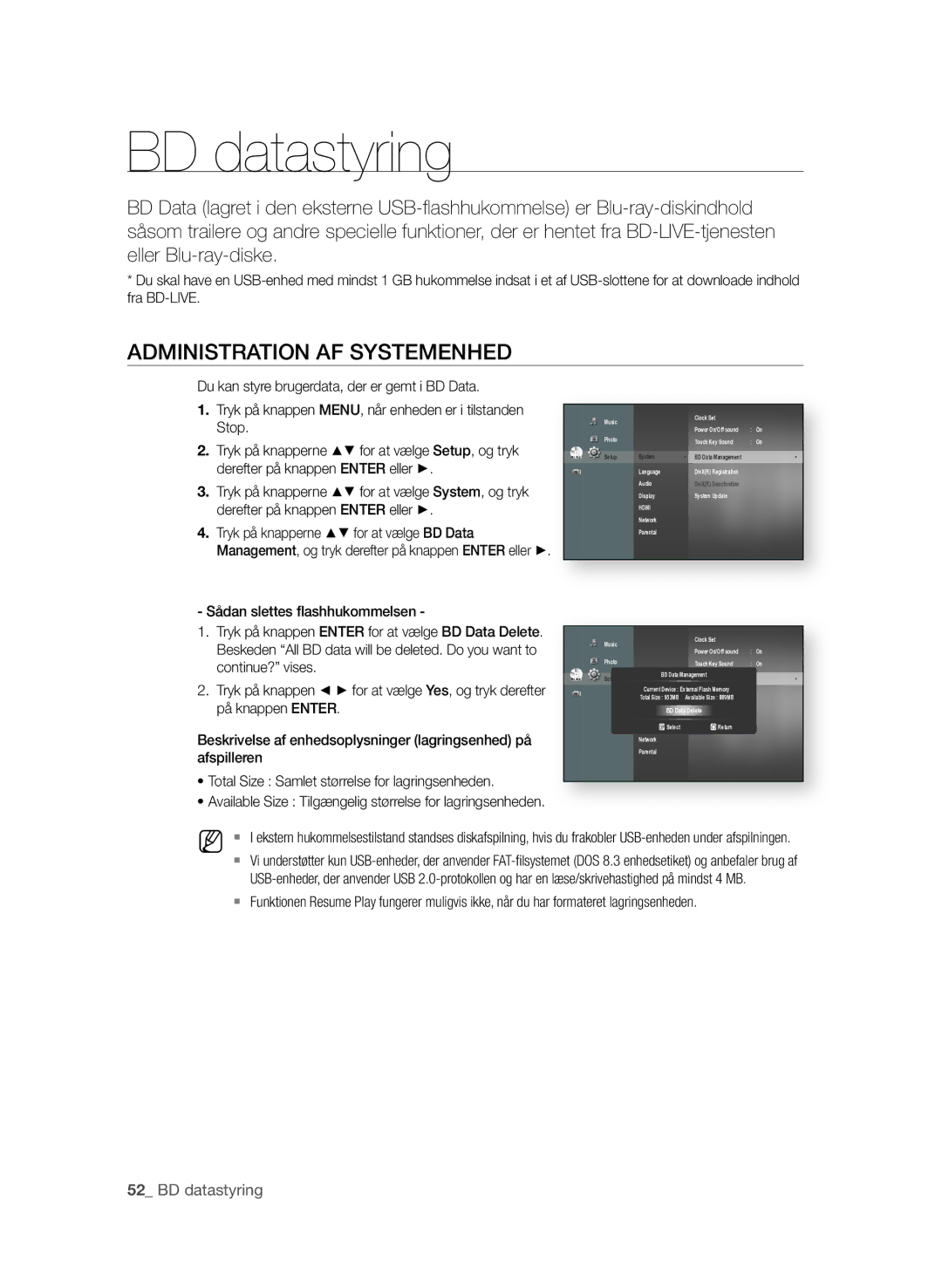 Samsung BD-P1580/XEE manual BD datastyring, AdMINIsTrATION AF sysTeMeNhed 