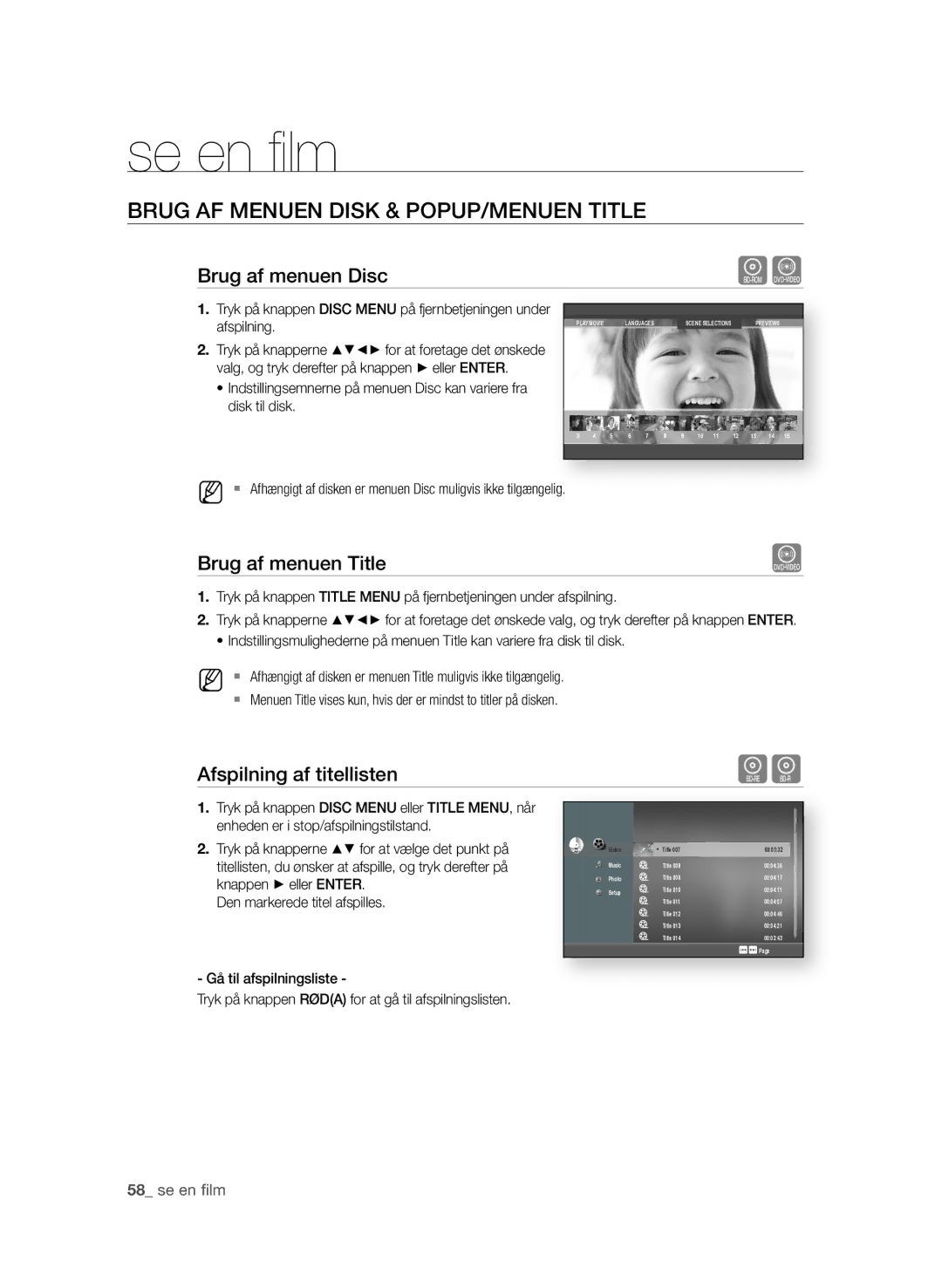 Samsung BD-P1580/XEE manual BruG AF MeNueN dIsK & POPuP/MeNueN TITle, Brug af menuen disc, Brug af menuen Title 