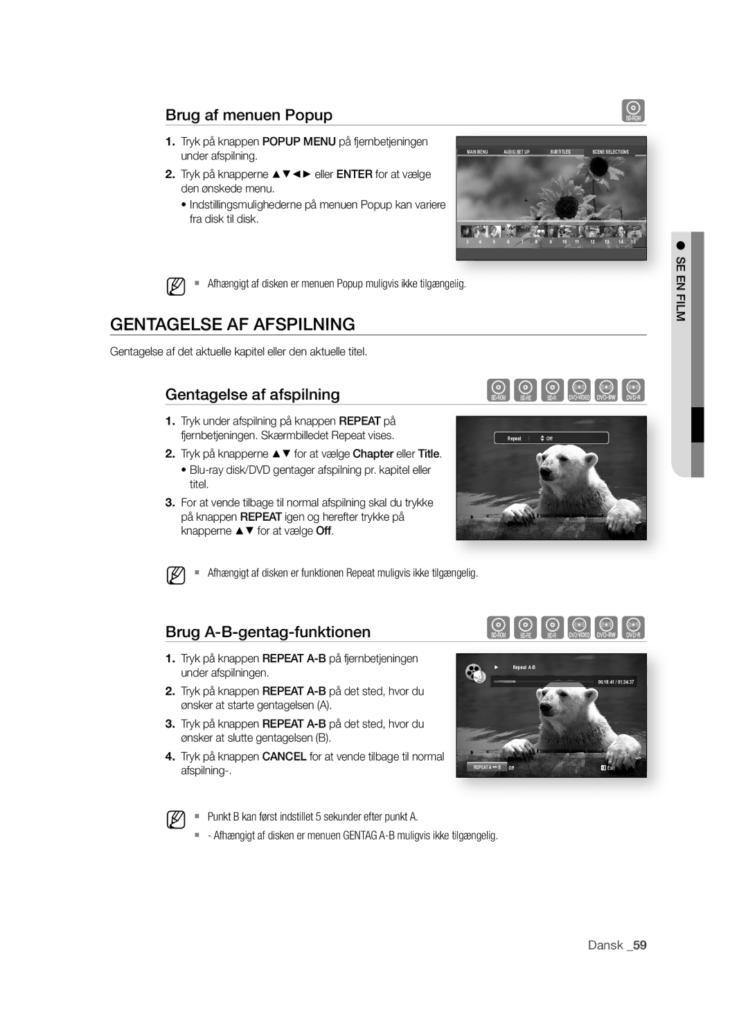 Samsung BD-P1580/XEE GeNTAGelse AF AFsPIlNING, Brug af menuen Popup, Gentagelse af afspilning, Brug A-B-gentag-funktionen 