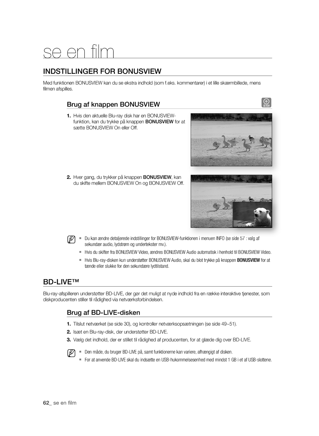 Samsung BD-P1580/XEE manual INdsTIllINGer FOr BONusvIeW, Brug af knappen BONusvIeW, Brug af Bd-lIve-disken 