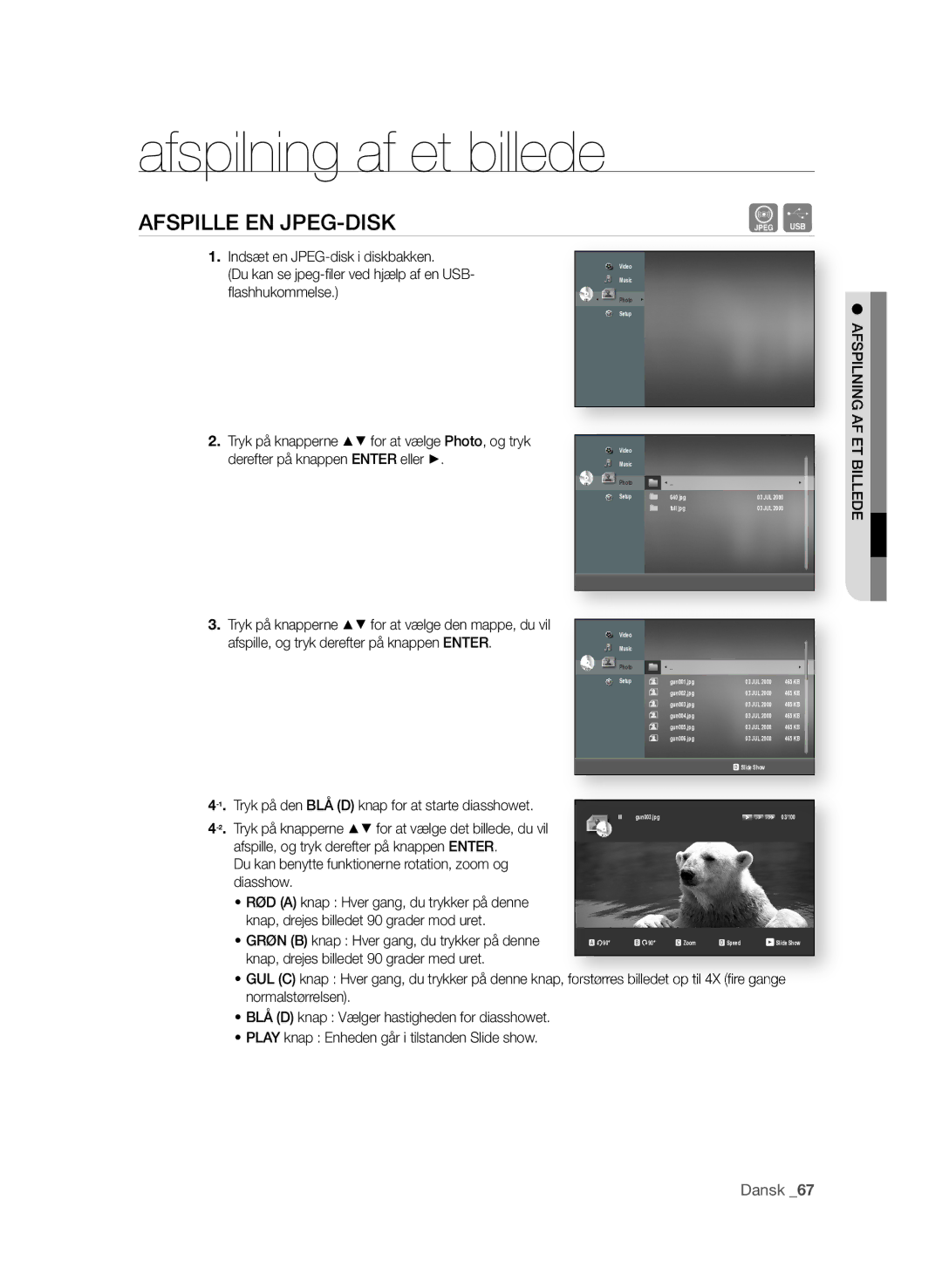 Samsung BD-P1580/XEE manual Afspilning af et billede, AFsPIlle eN jPeG-dIsK 