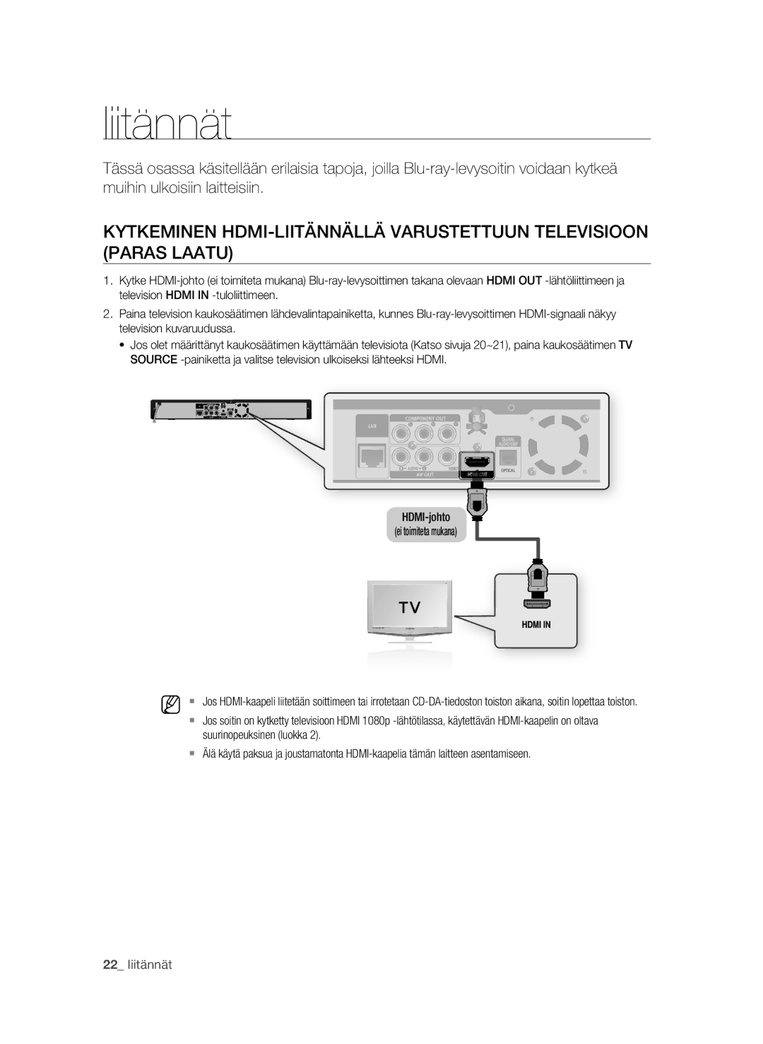 Samsung BD-P1580/XEE manual Liitännät, Kytkeminen HDMI-liitännällä varustettuun televisioon 