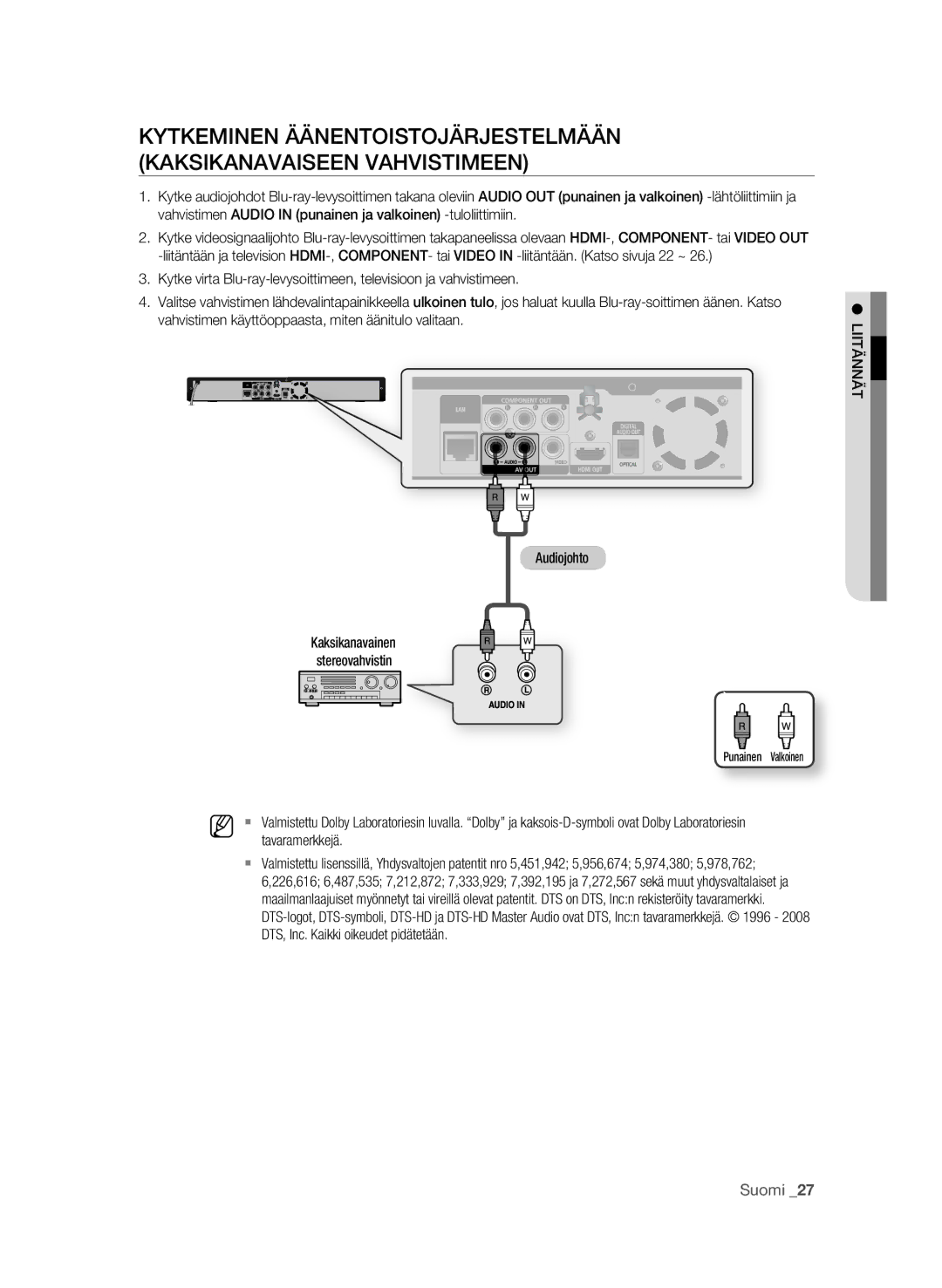 Samsung BD-P1580/XEE manual Tavaramerkkejä, DTS, Inc. Kaikki oikeudet pidätetään, LiitÄNNÄt 