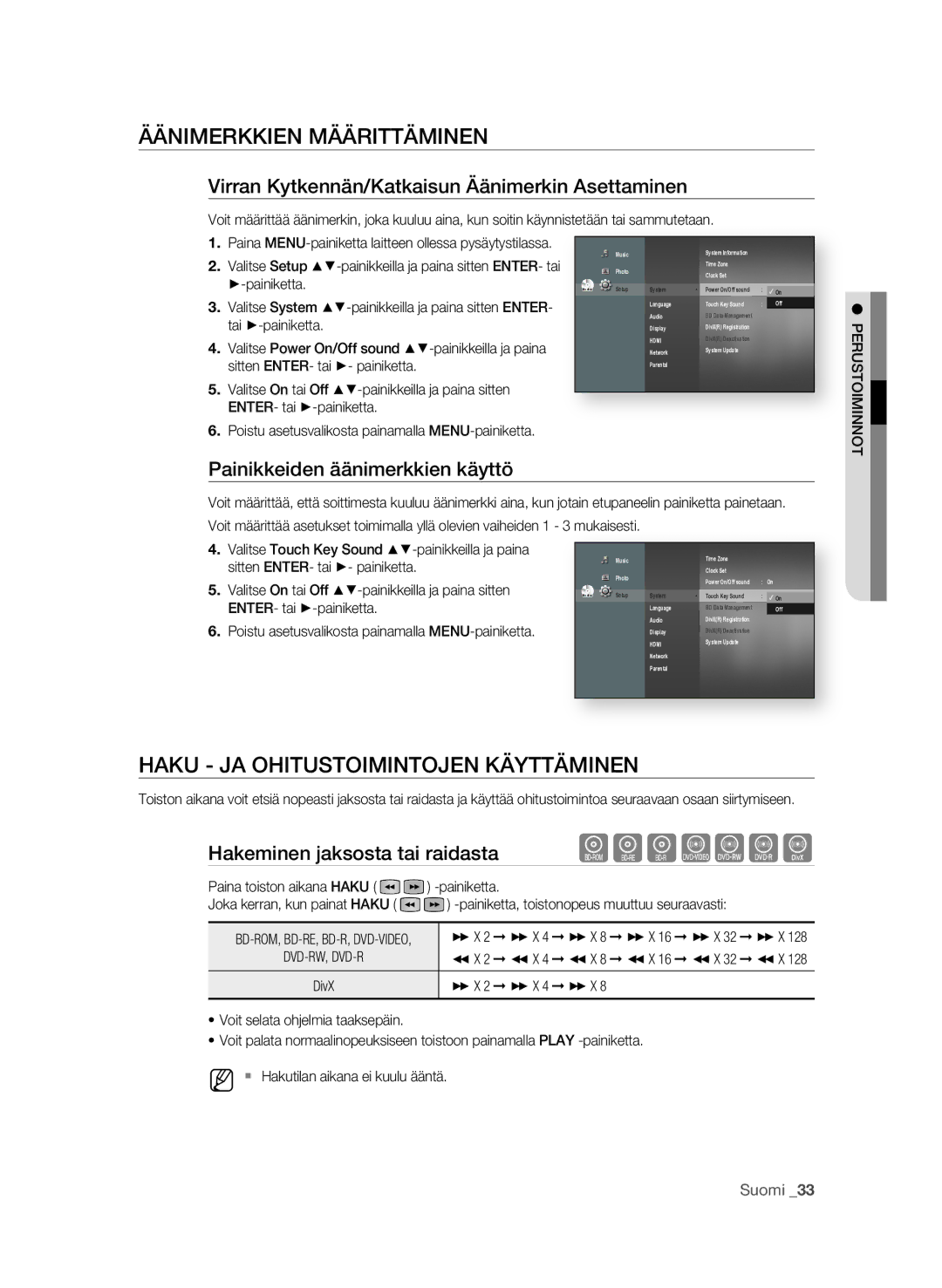 Samsung BD-P1580/XEE ÄÄNiMErKKiEN MÄÄrittÄMiNEN, HaKu ja oHitustoiMiNtojEN KÄyttÄMiNEN, Painikkeiden äänimerkkien käyttö 