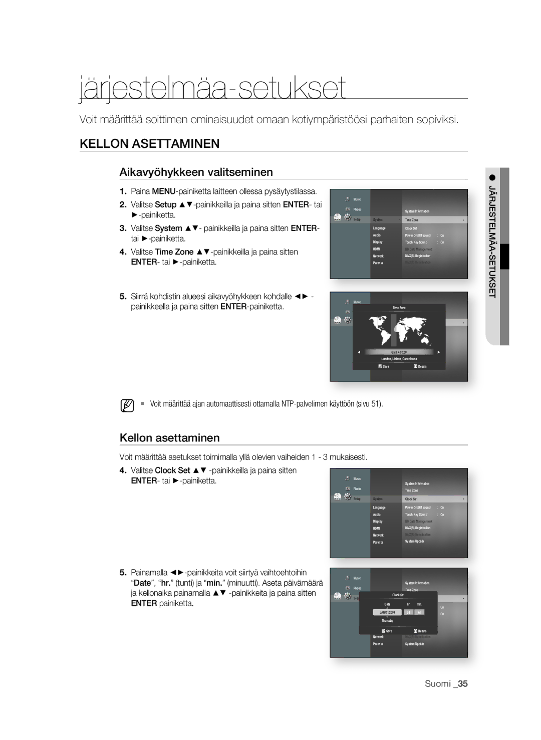 Samsung BD-P1580/XEE manual Järjestelmäa-setukset, KELLoN asEttaMiNEN, Aikavyöhykkeen valitseminen, Kellon asettaminen 