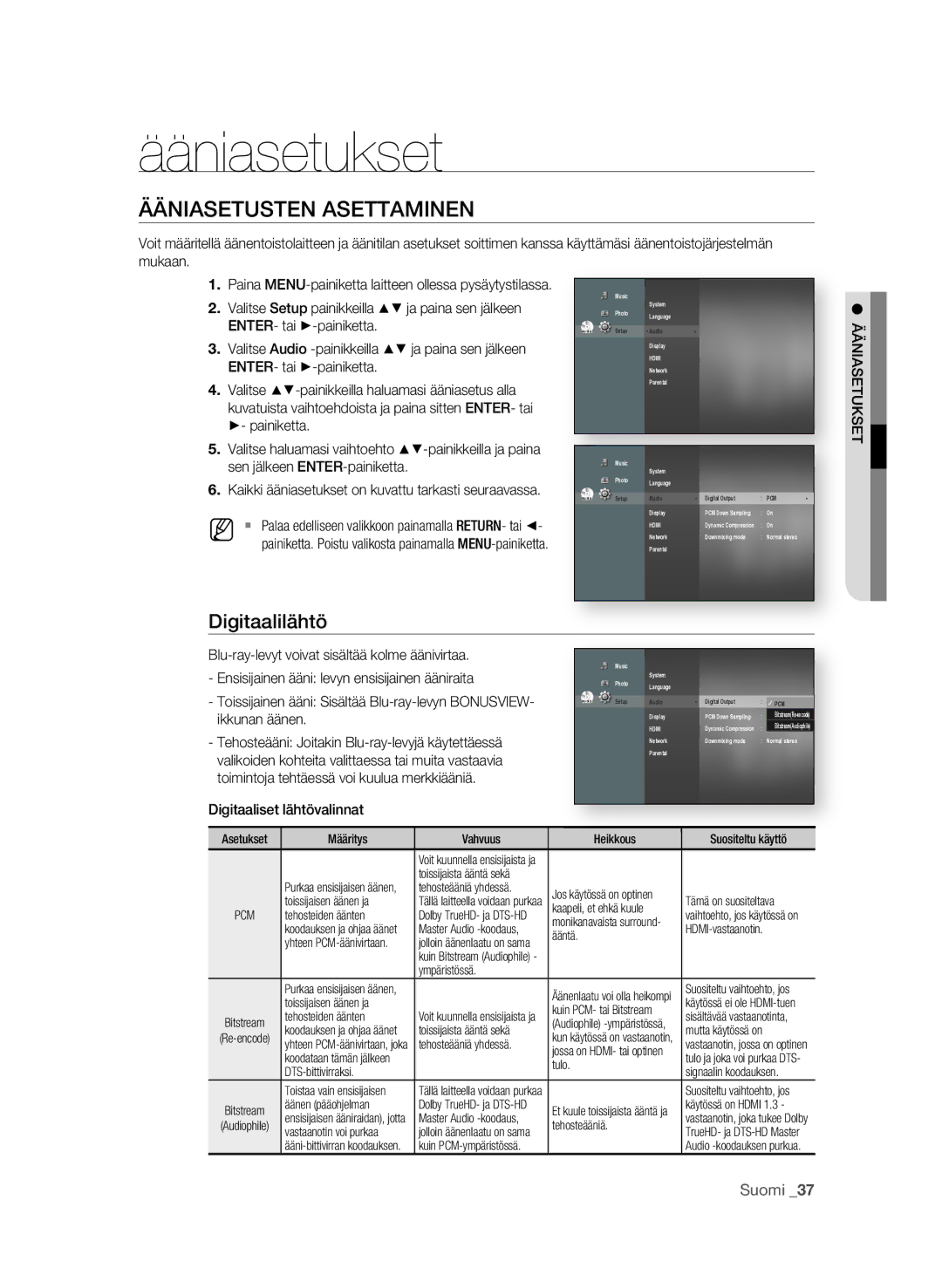 Samsung BD-P1580/XEE manual Ääniasetukset, ÄÄNiasEtustEN asEttaMiNEN, Digitaalilähtö 