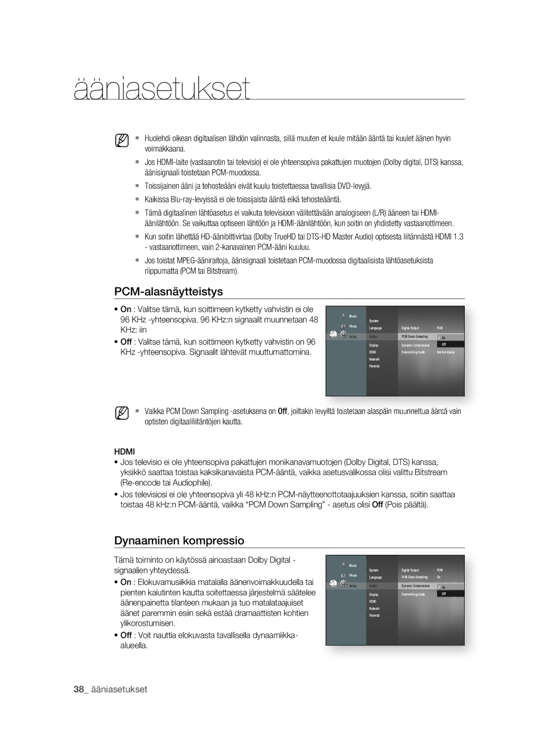 Samsung BD-P1580/XEE manual PCM-alasnäytteistys, Dynaaminen kompressio, KHz iin, Signaalien yhteydessä 