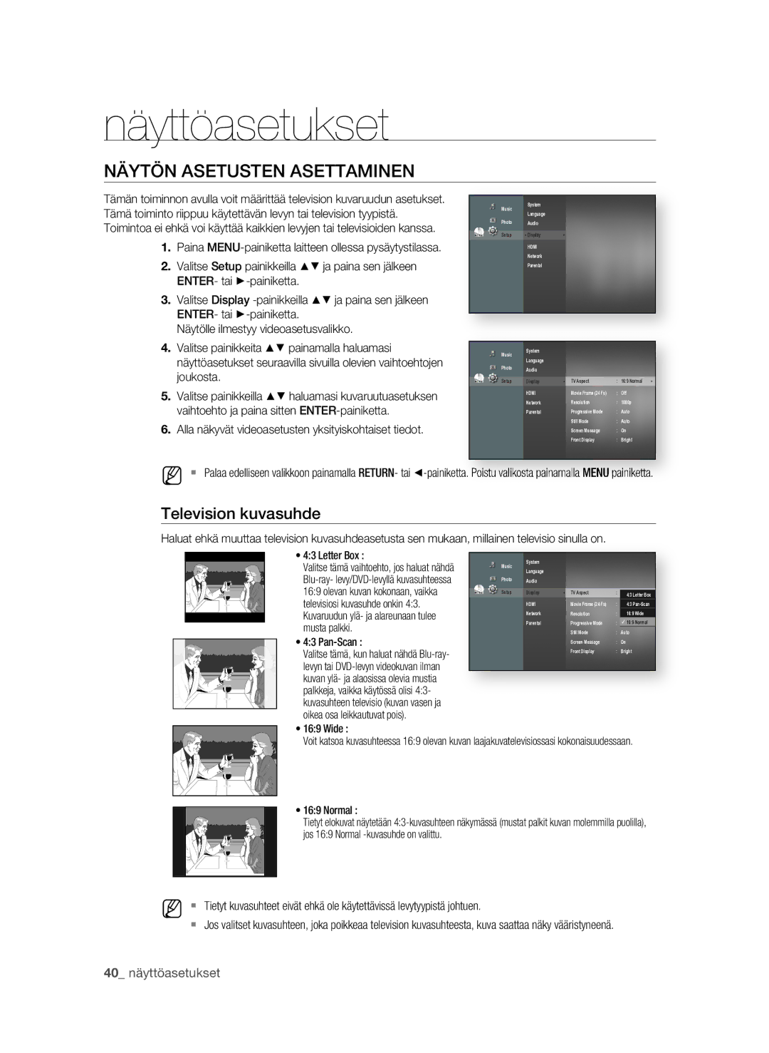 Samsung BD-P1580/XEE manual Näyttöasetukset, NÄytÖN asEtustEN asEttaMiNEN, Television kuvasuhde 