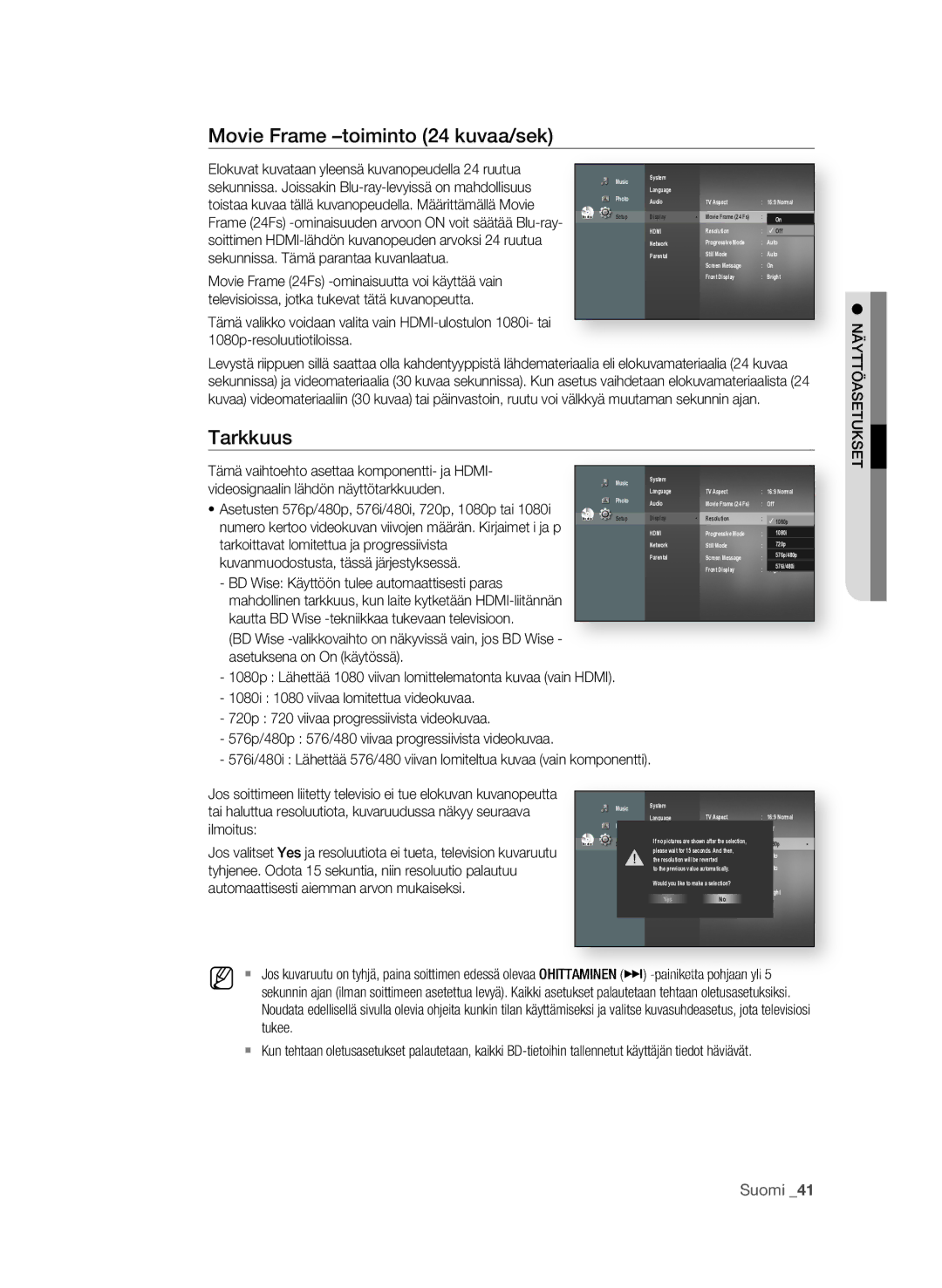 Samsung BD-P1580/XEE manual Movie Frame -toiminto 24 kuvaa/sek, Tarkkuus 