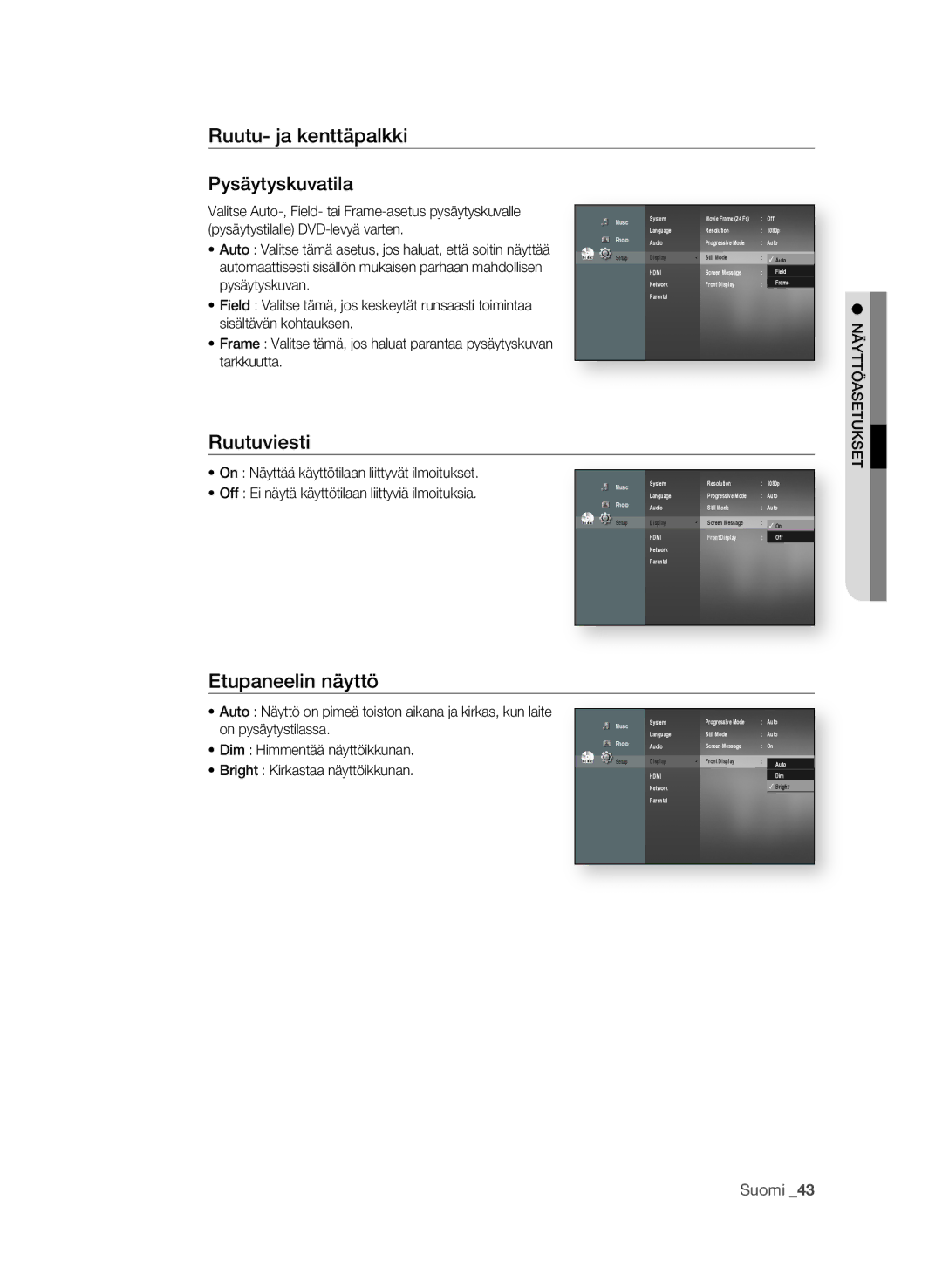 Samsung BD-P1580/XEE manual Ruutu- ja kenttäpalkki Pysäytyskuvatila, Ruutuviesti, Etupaneelin näyttö 