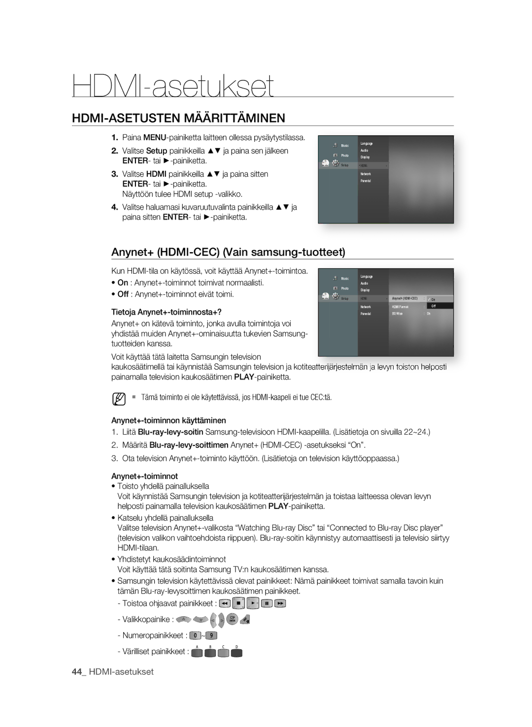 Samsung BD-P1580/XEE manual HDMI-asetukset, HdMi-asEtustEN MÄÄrittÄMiNEN, Anynet+ HdMi-CEC Vain samsung-tuotteet 