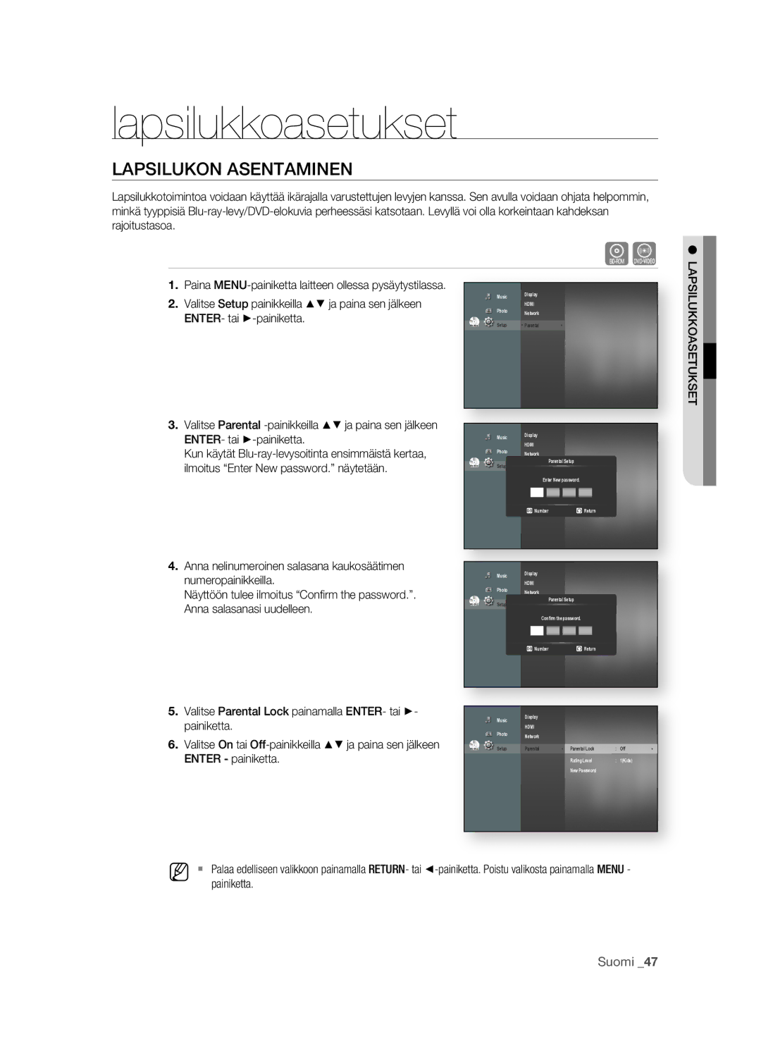 Samsung BD-P1580/XEE manual Lapsilukkoasetukset, LaPsiLuKoN asENtaMiNEN 